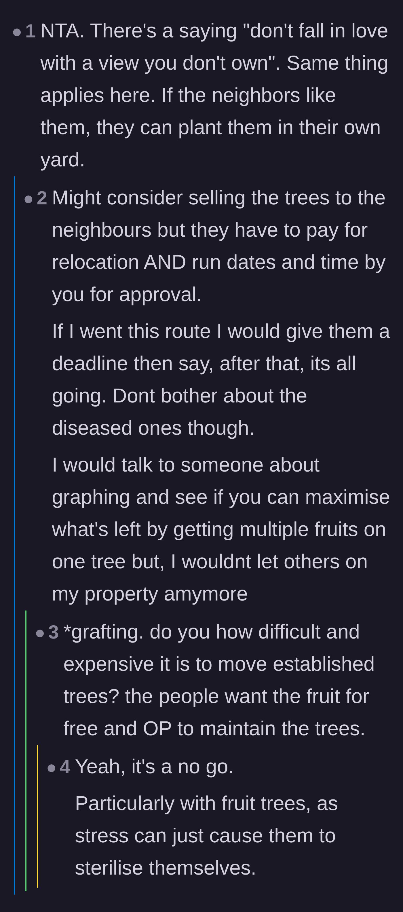 Comment thread 5 - Applying the saying 'don't fall in love with a view you don't own' to the neighborhood orchard