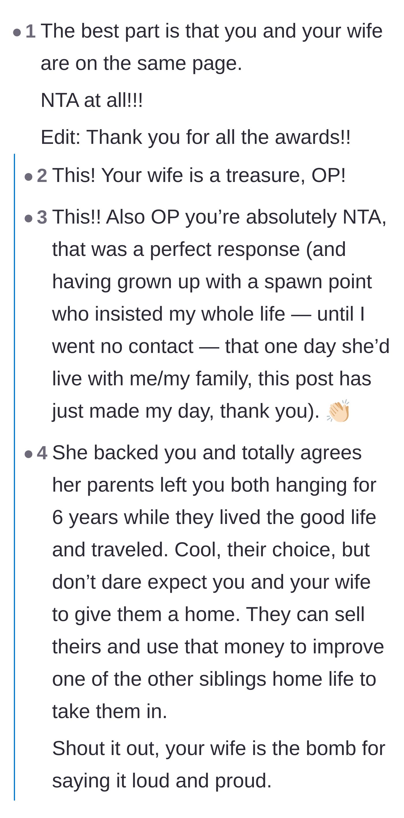 Comment thread 1 - Readers praising the wife's unified front and sharing humorous nicknames for absentee parents.