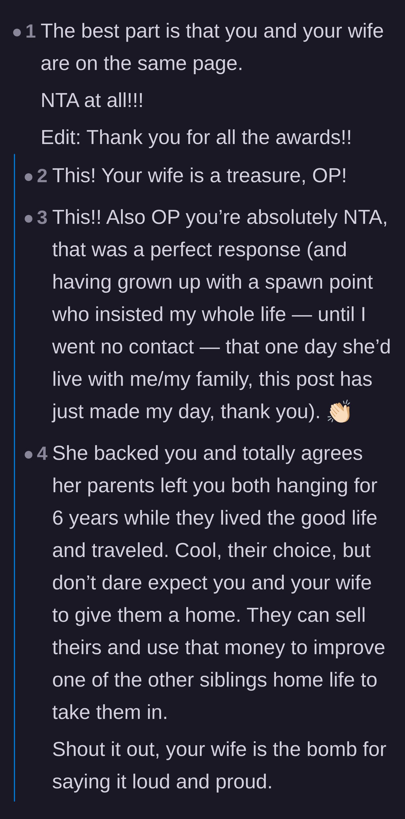 Comment thread 1 - Readers praising the wife's unified front and sharing humorous nicknames for absentee parents.