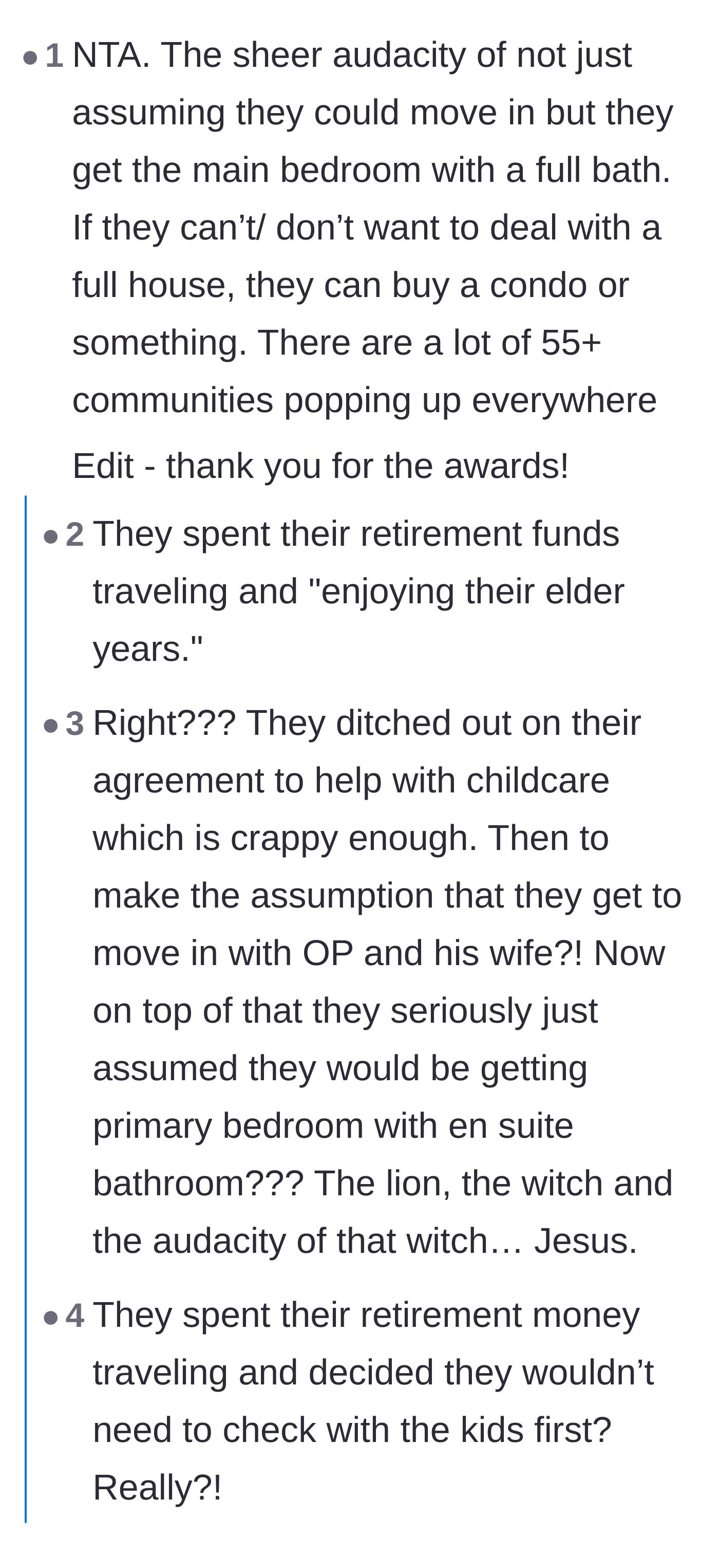 Comment thread 2 - A discussion on the audacity of the in-laws expecting the primary suite after spending their retirement on travel.