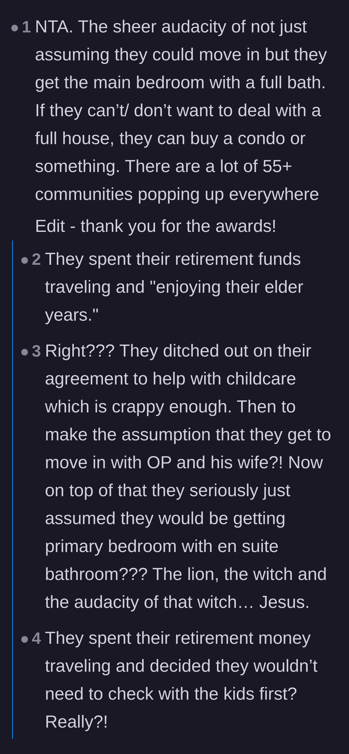 Comment thread 2 - A discussion on the audacity of the in-laws expecting the primary suite after spending their retirement on travel.