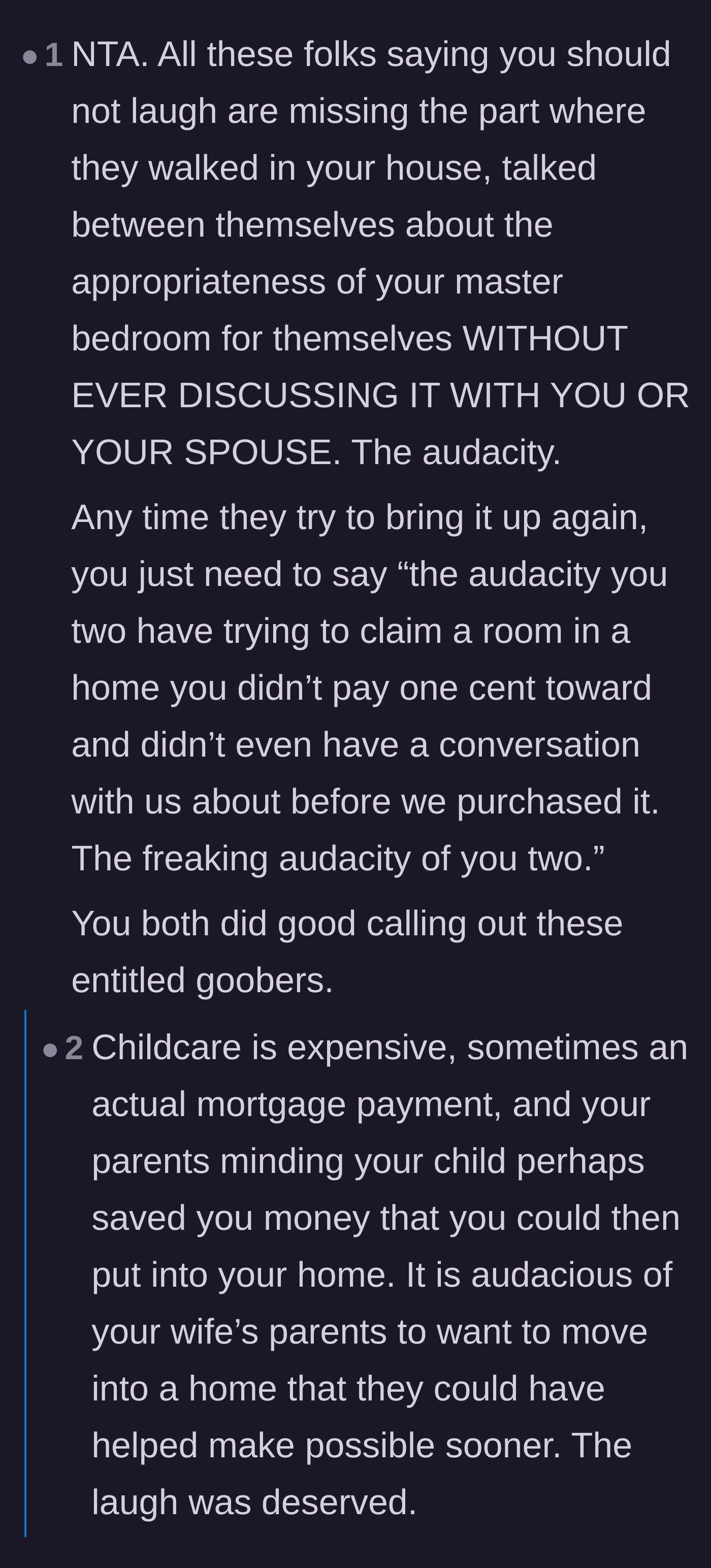 Comment thread 3 - Highlighting how the in-laws audaciously claimed a bedroom without ever asking the homeowners.