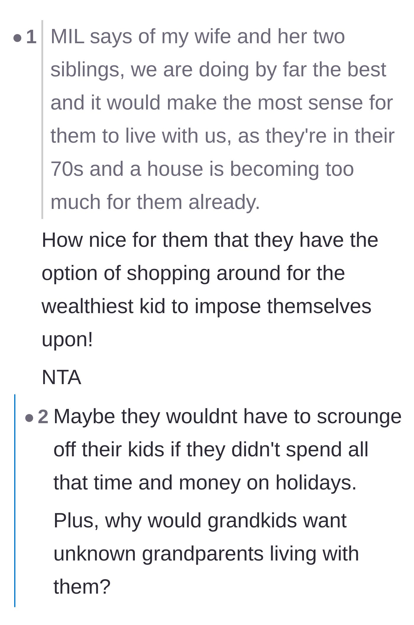 Comment thread 4 - Calling out the in-laws for shopping around to see which of their children is wealthiest.