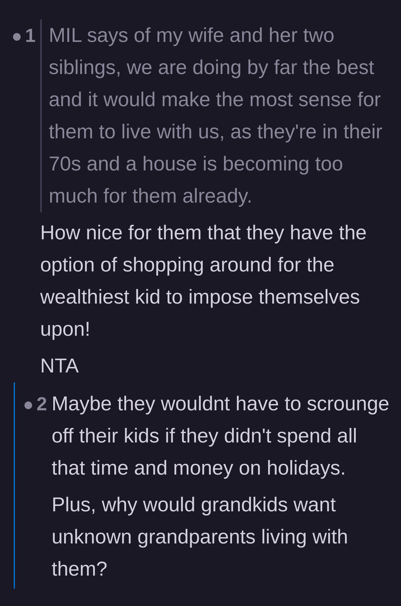 Comment thread 4 - Calling out the in-laws for shopping around to see which of their children is wealthiest.
