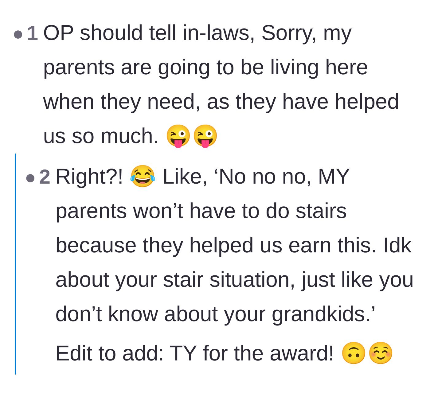 Comment thread 6 - Readers suggesting the couple reserve the bedroom for the parents who actually helped them.