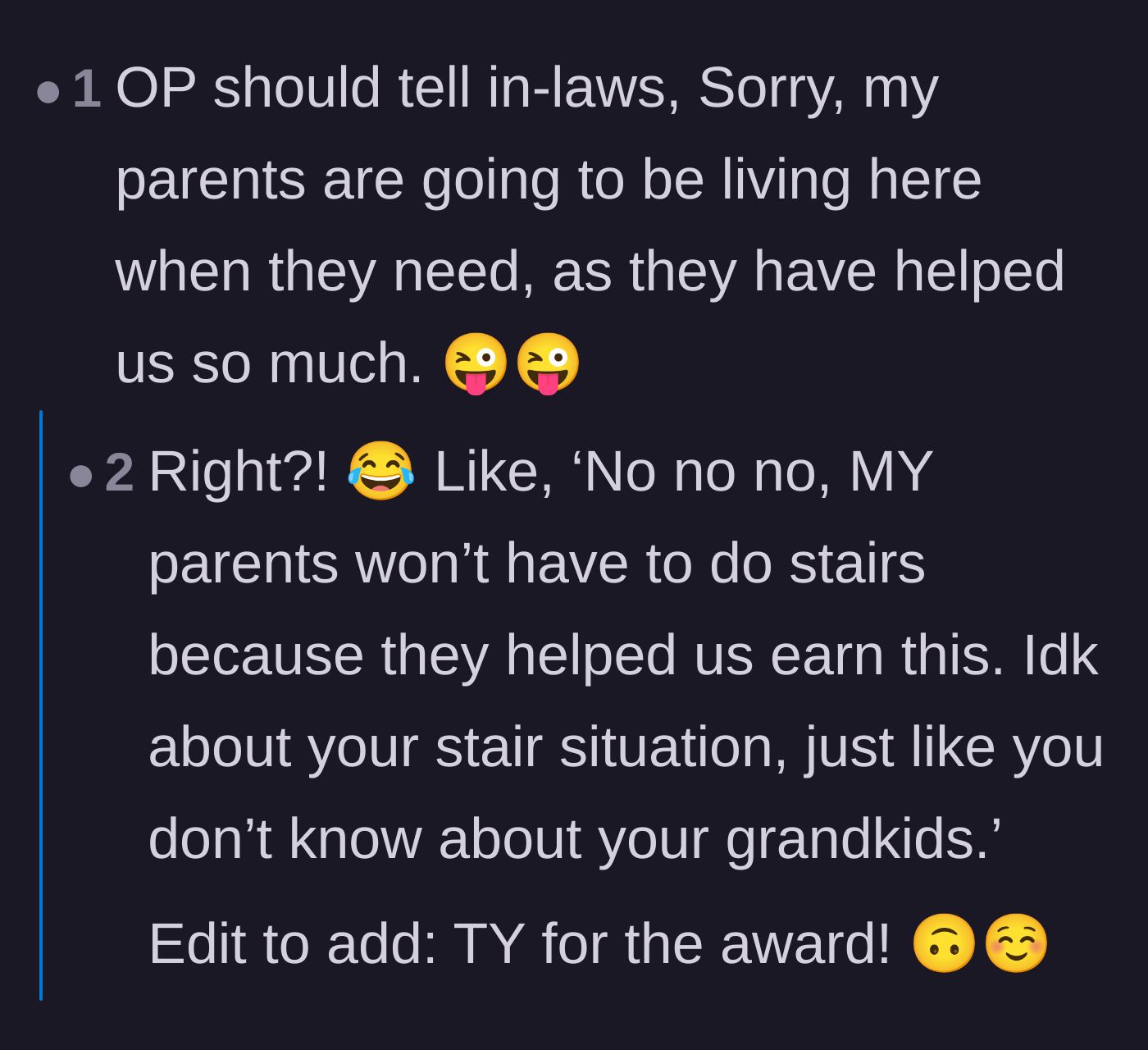 Comment thread 6 - Readers suggesting the couple reserve the bedroom for the parents who actually helped them.