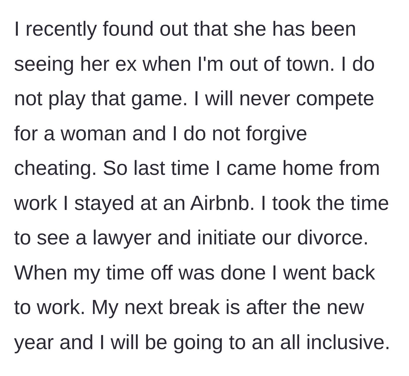 Story part 3 - The husband discovers his wife's infidelity with her ex and immediately hires a lawyer to file for divorce without confronting her.