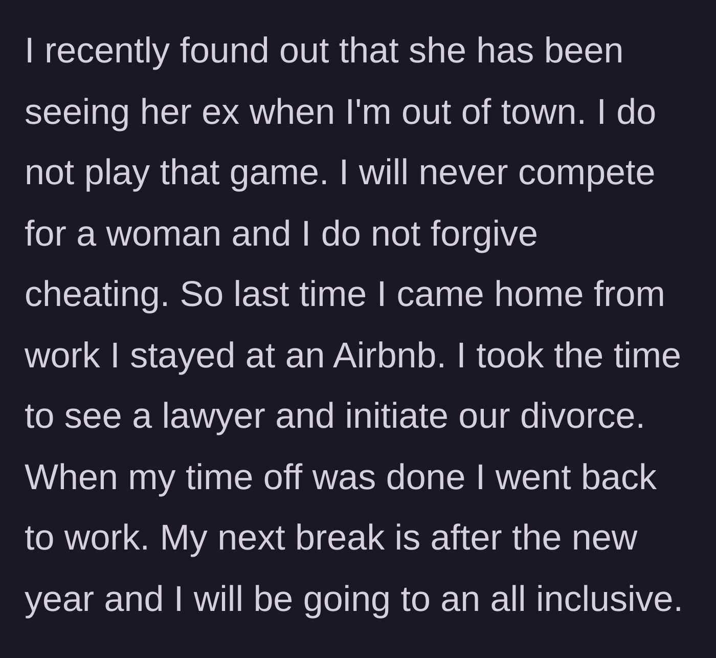 Story part 3 - The husband discovers his wife's infidelity with her ex and immediately hires a lawyer to file for divorce without confronting her.
