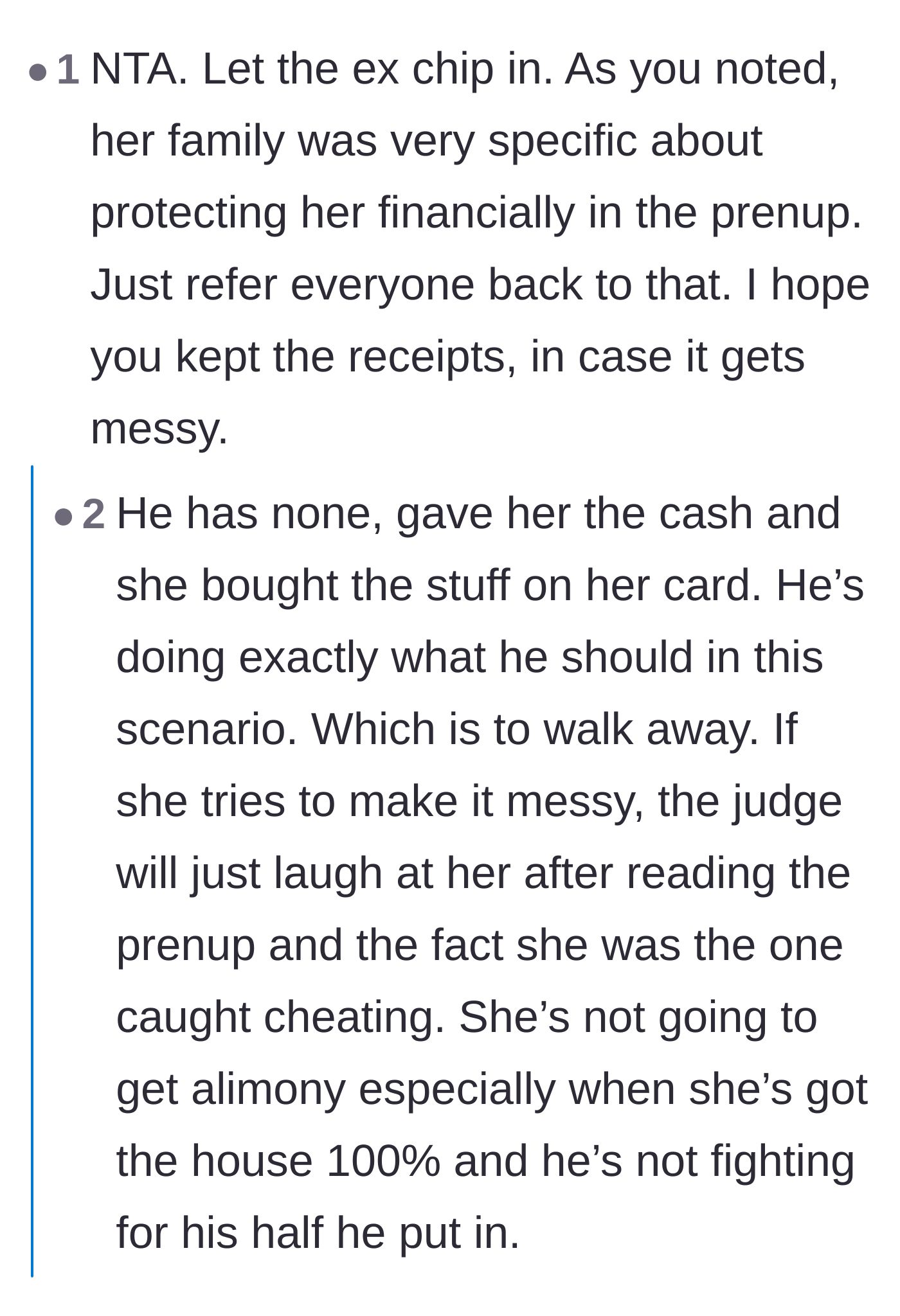 Comment thread 2 - Commenters joke about the wife's credit card points and compare the husband's stoic exit to an action movie hero.