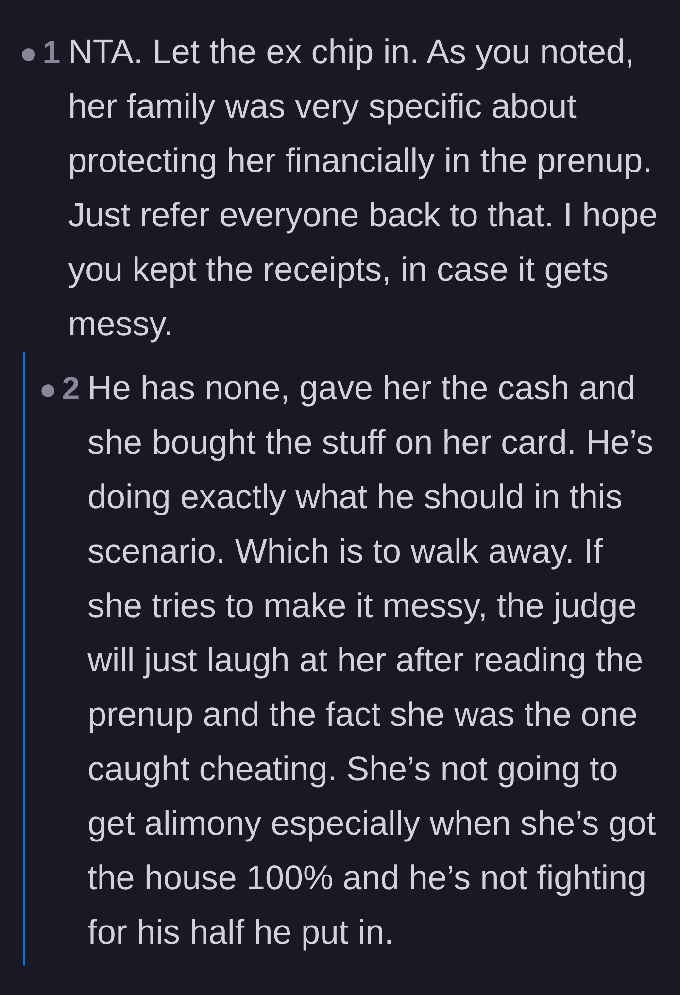 Comment thread 2 - Commenters joke about the wife's credit card points and compare the husband's stoic exit to an action movie hero.