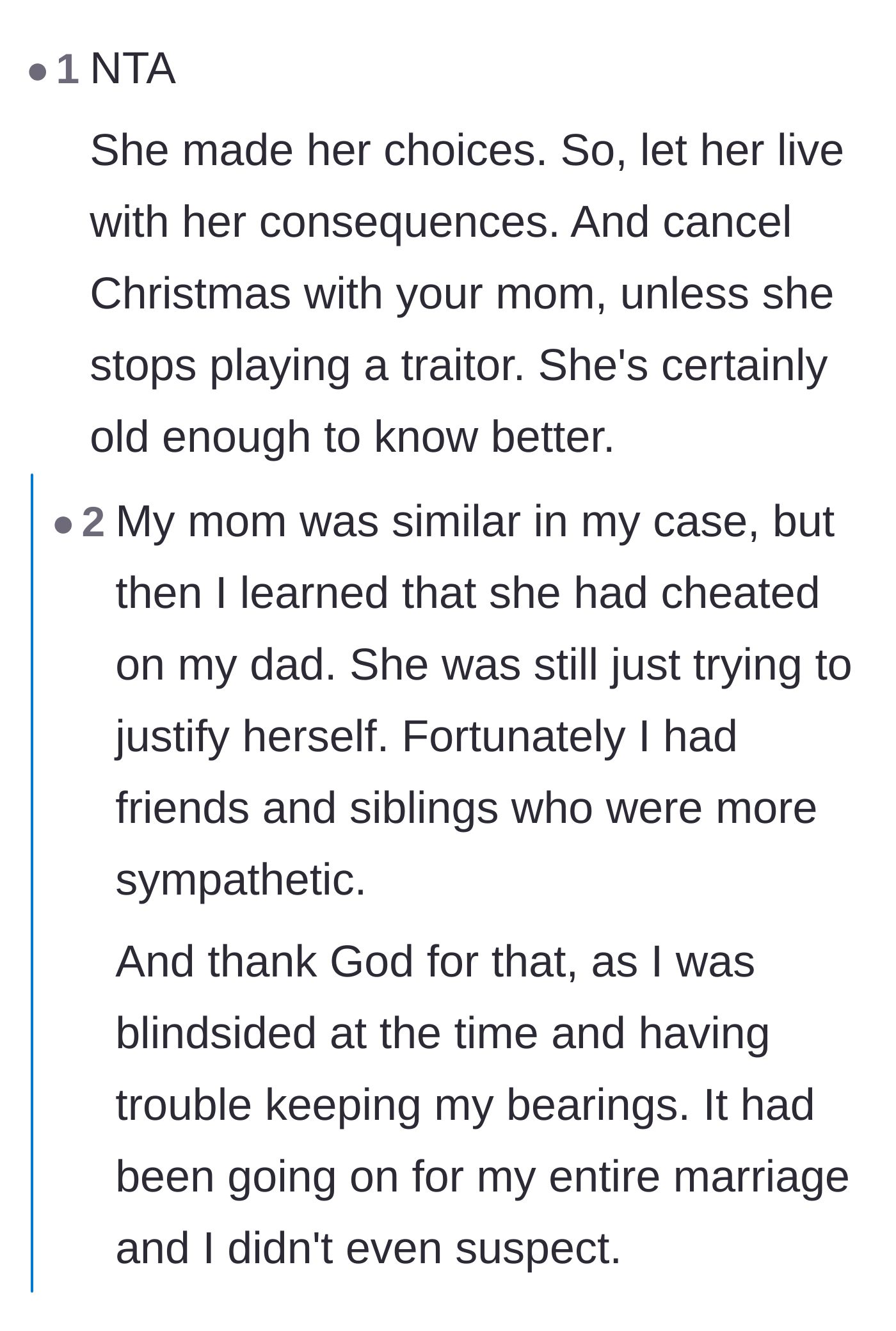 Comment thread 4 - Readers speculate on why the husband's own mother is defending the cheating wife, suspecting psychological projection.