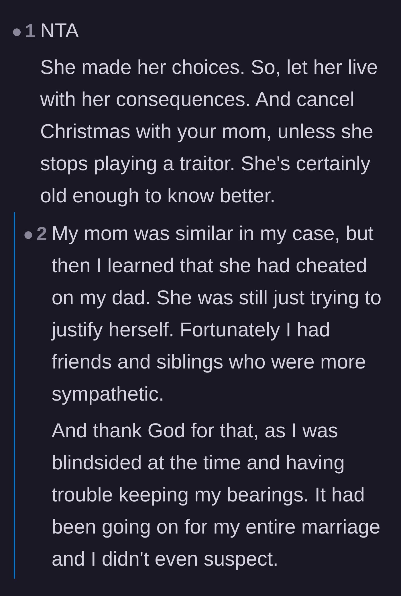 Comment thread 4 - Readers speculate on why the husband's own mother is defending the cheating wife, suspecting psychological projection.