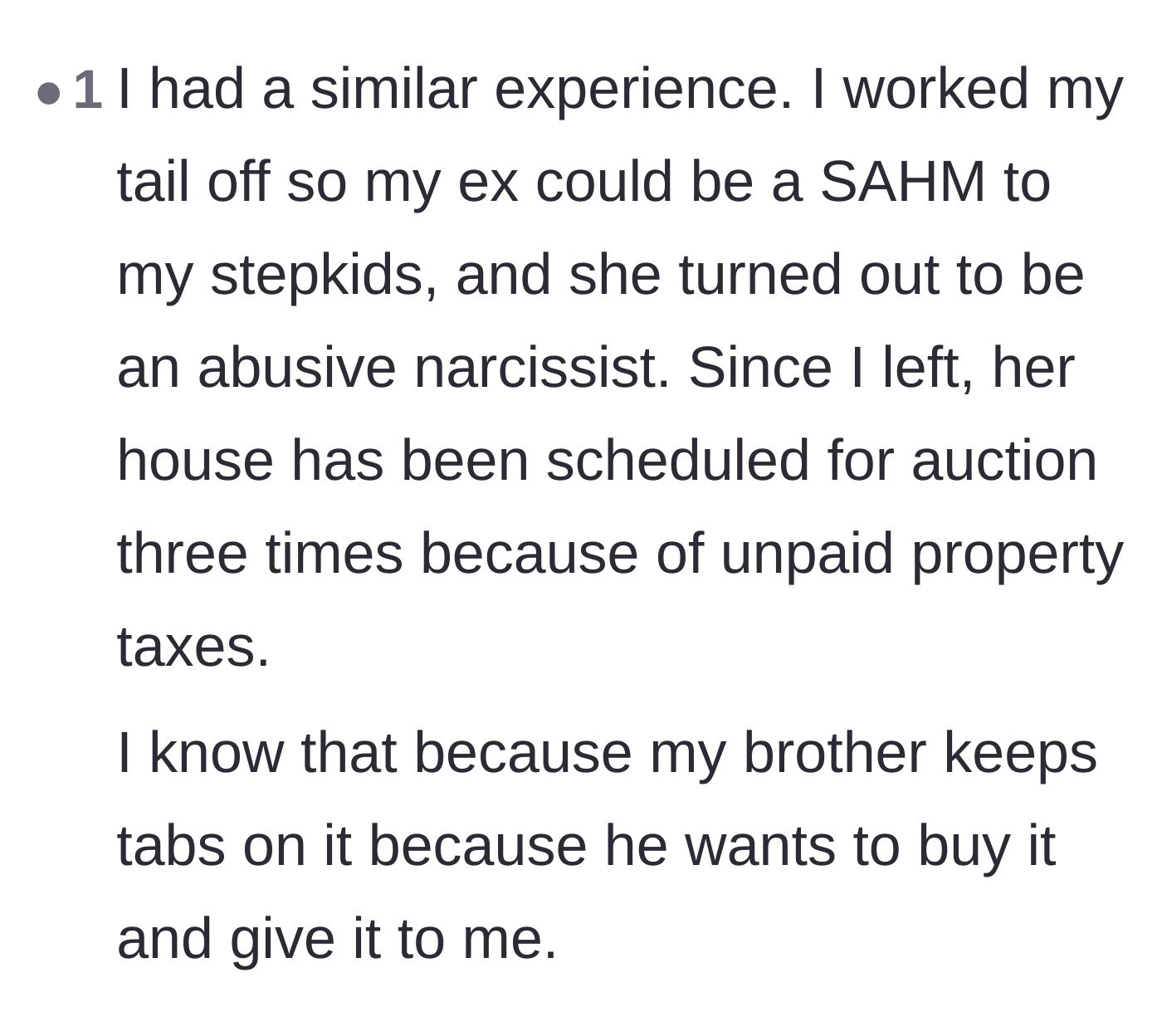 Comment thread 5 - A user shares a similar story of an ex-wife facing foreclosure and the ultimate petty real estate revenge.
