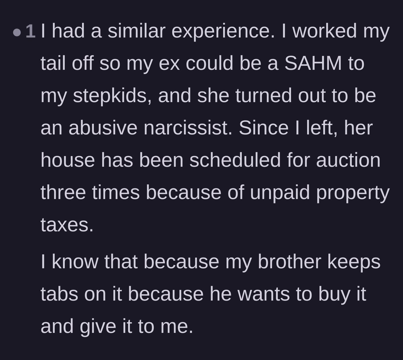 Comment thread 5 - A user shares a similar story of an ex-wife facing foreclosure and the ultimate petty real estate revenge.