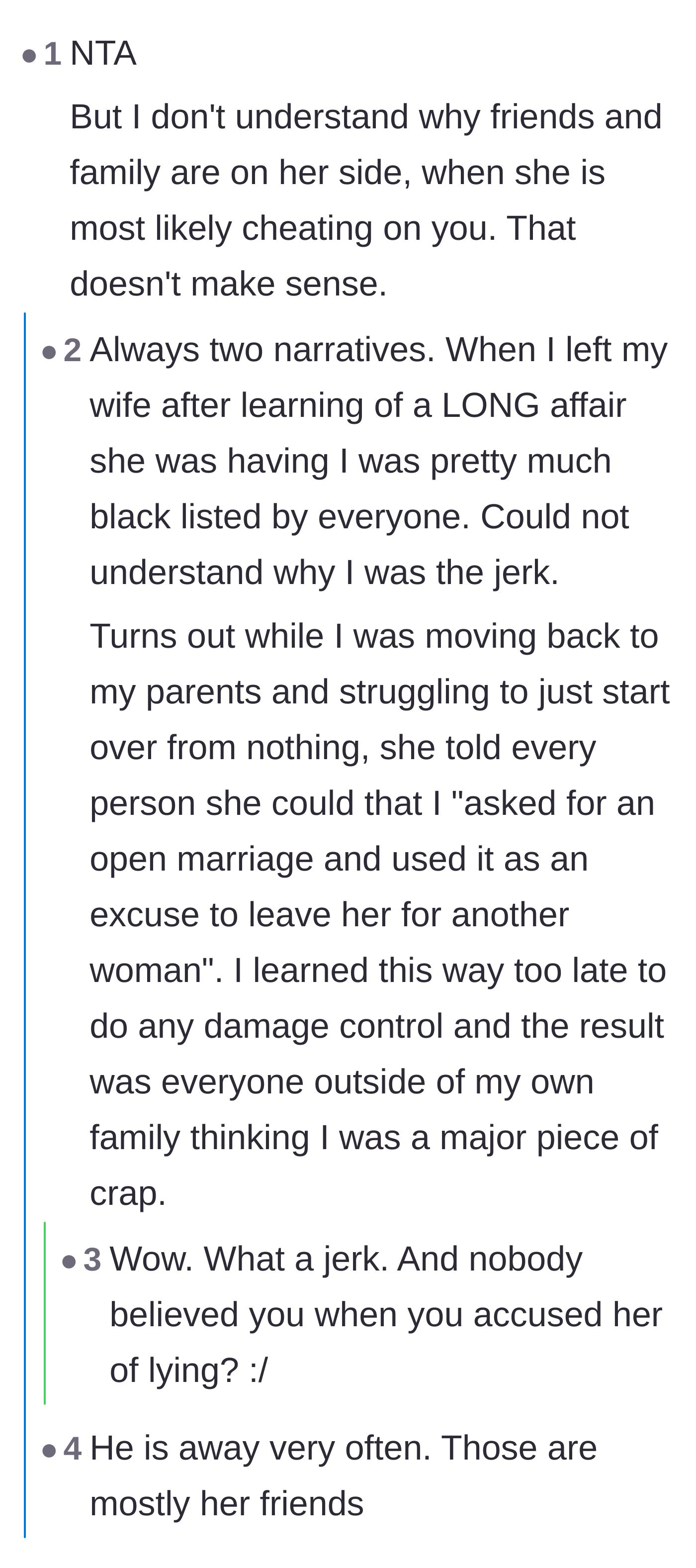 Comment thread 6 - A discussion on how walking away quietly allows the cheating partner to spin a false victim narrative to their social circle.