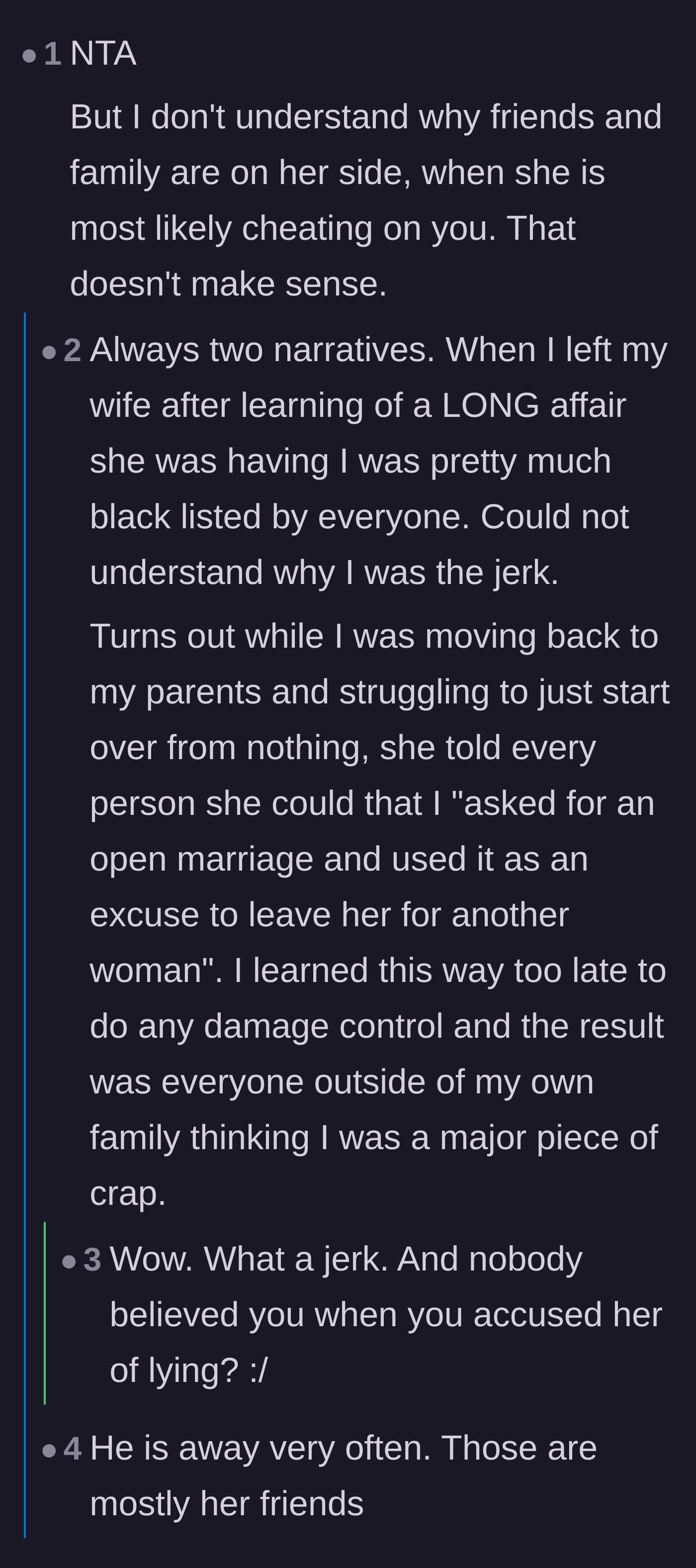Comment thread 6 - A discussion on how walking away quietly allows the cheating partner to spin a false victim narrative to their social circle.