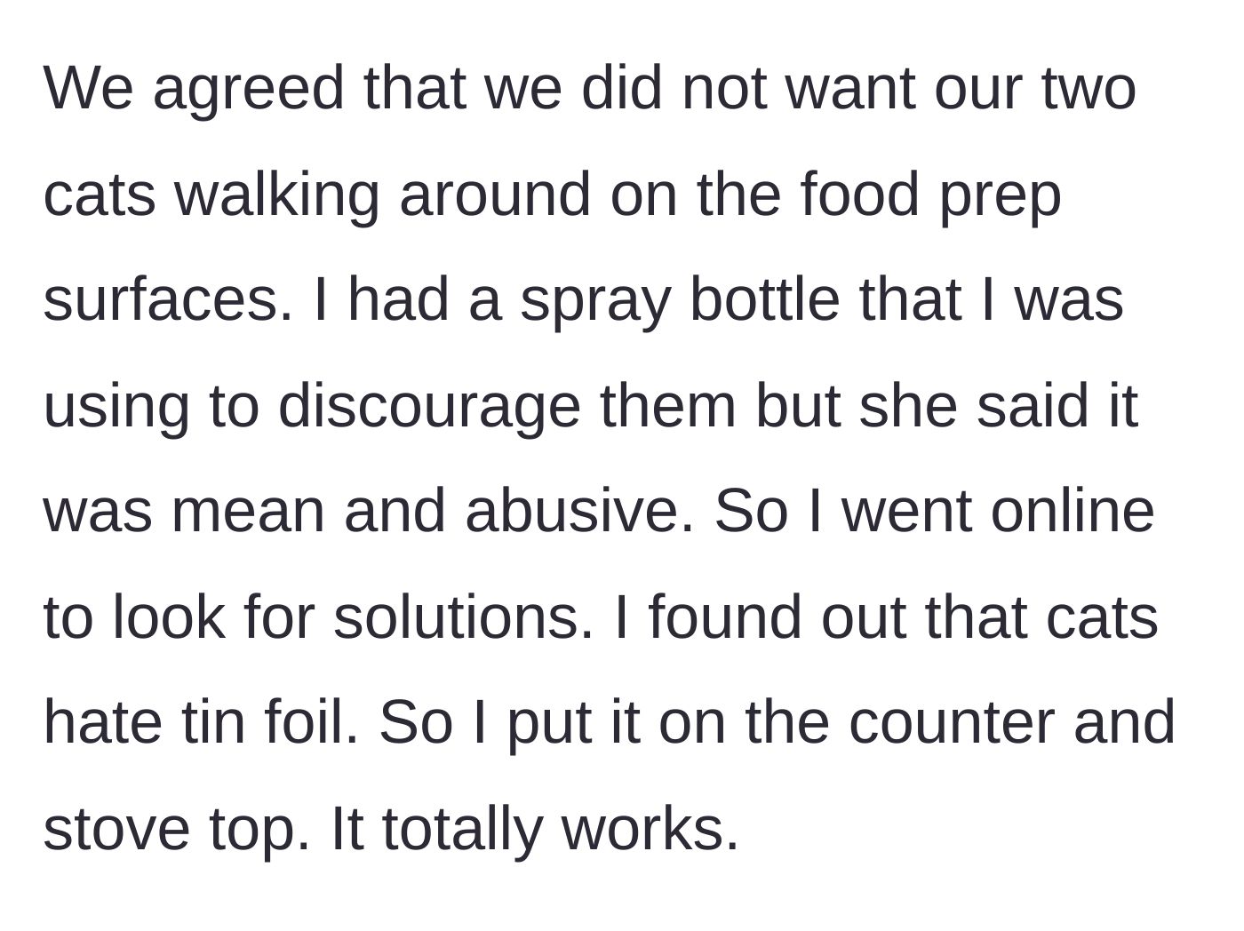 Story part 2 - A husband covering his new kitchen counters with tin foil to keep cats away.