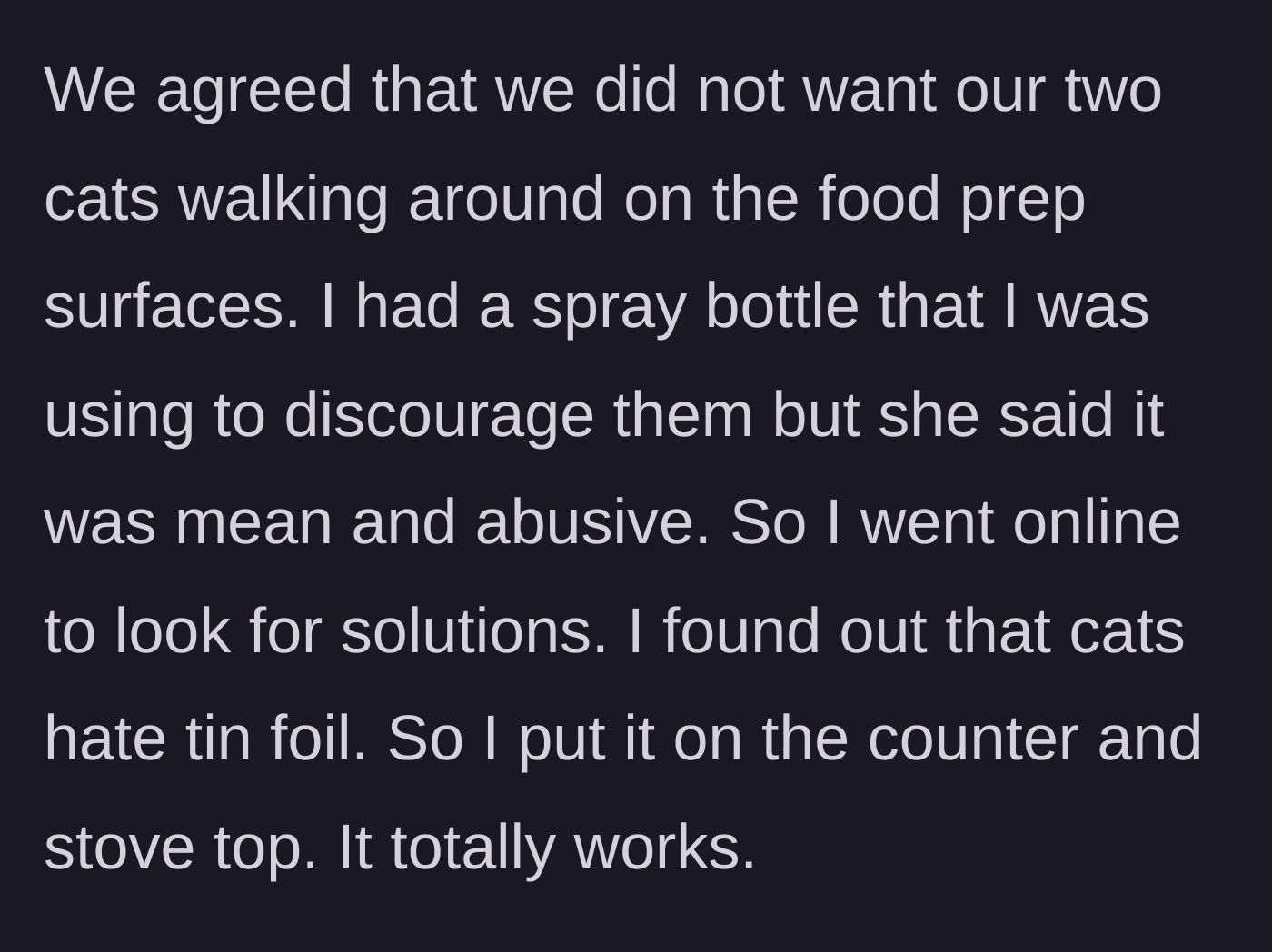 Story part 2 - A husband covering his new kitchen counters with tin foil to keep cats away.
