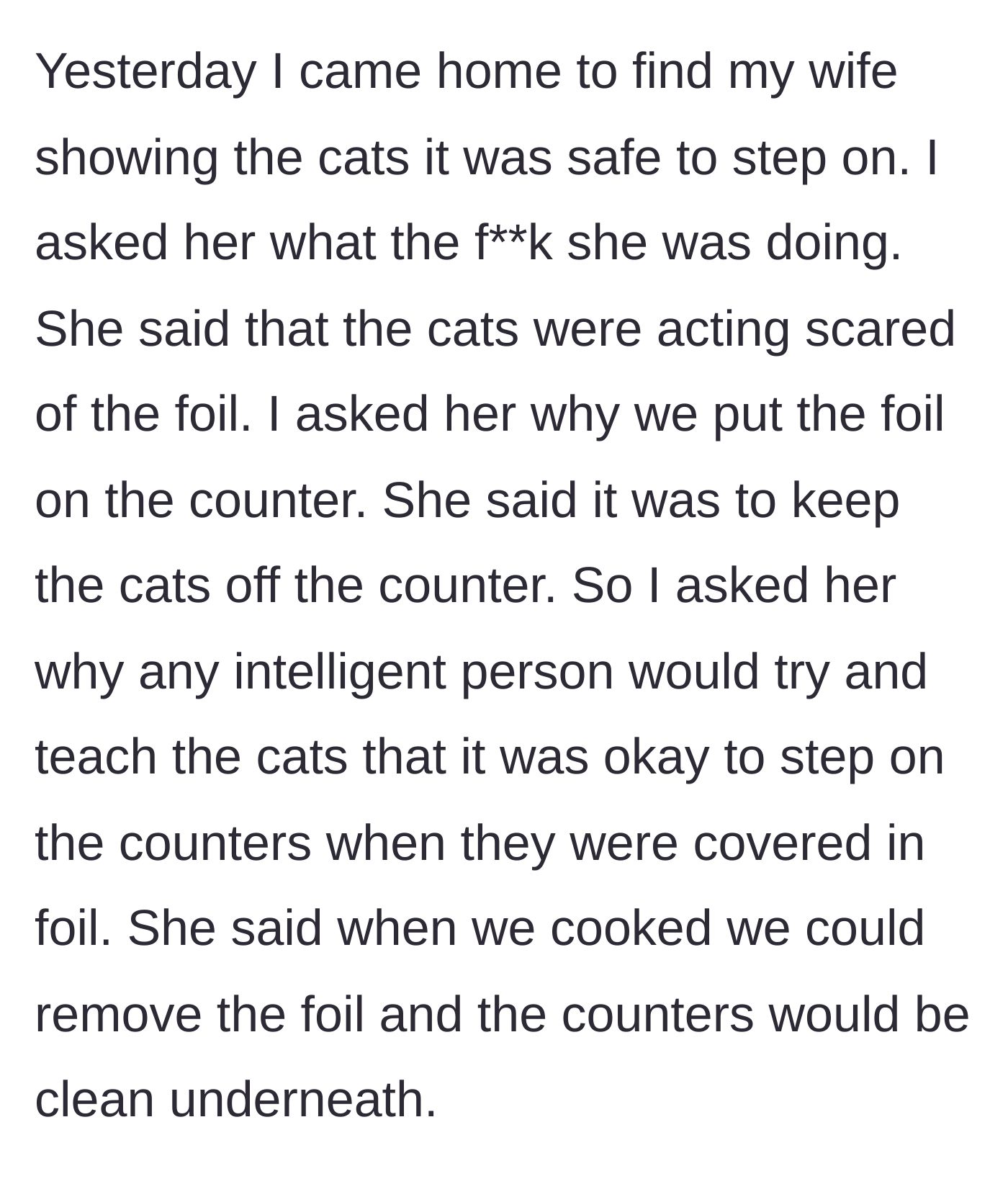 Story part 3 - A wife gently coaxing her cats to walk comfortably on the tin foil-covered counters.