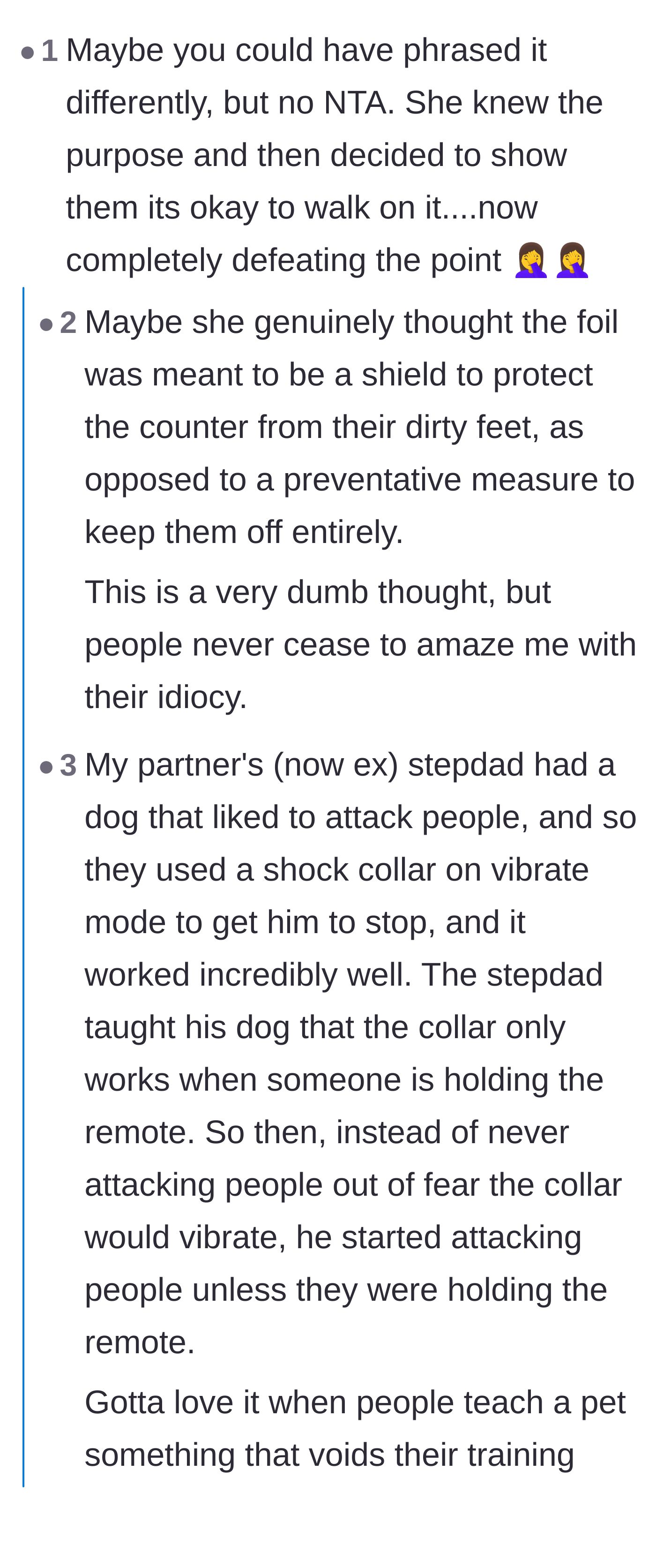 Comment thread 1 - A discussion debating whether the wife fundamentally misunderstood the tin foil's purpose or intentionally sabotaged the training.