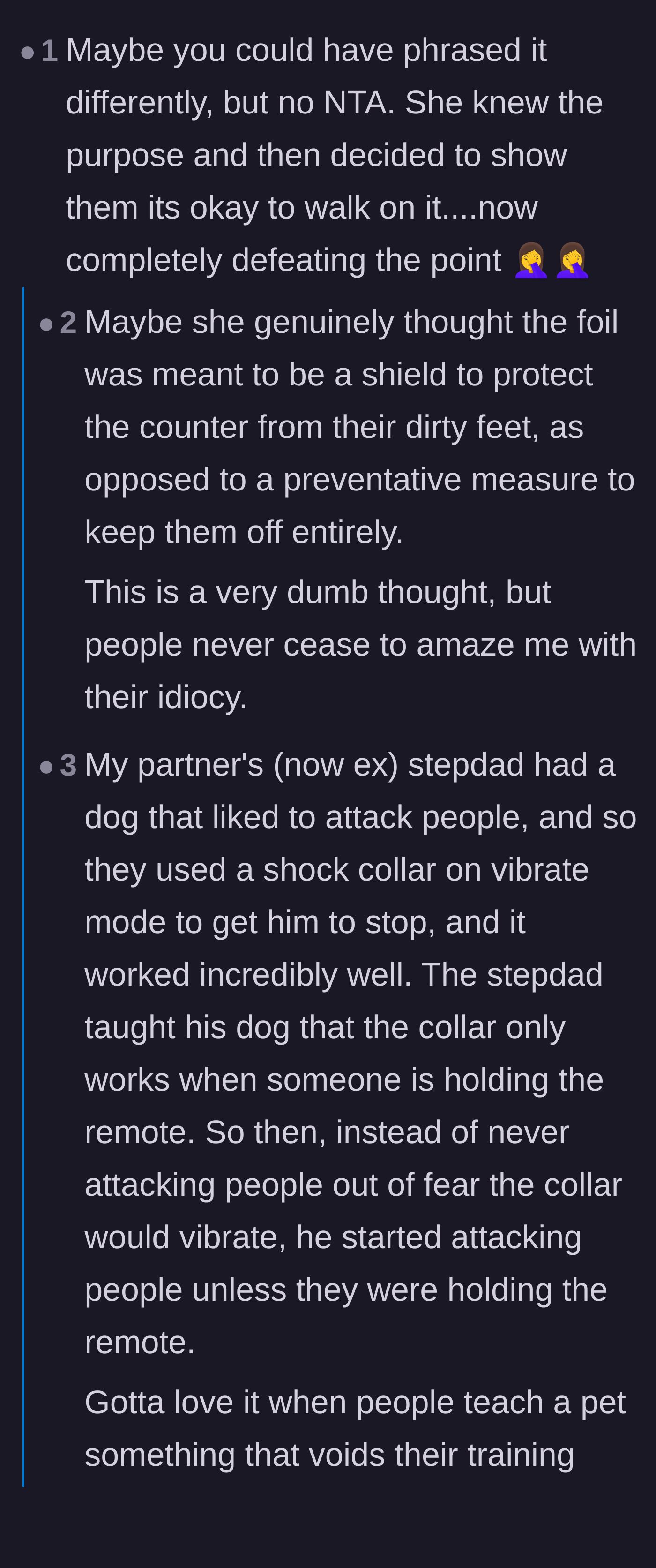 Comment thread 1 - A discussion debating whether the wife fundamentally misunderstood the tin foil's purpose or intentionally sabotaged the training.
