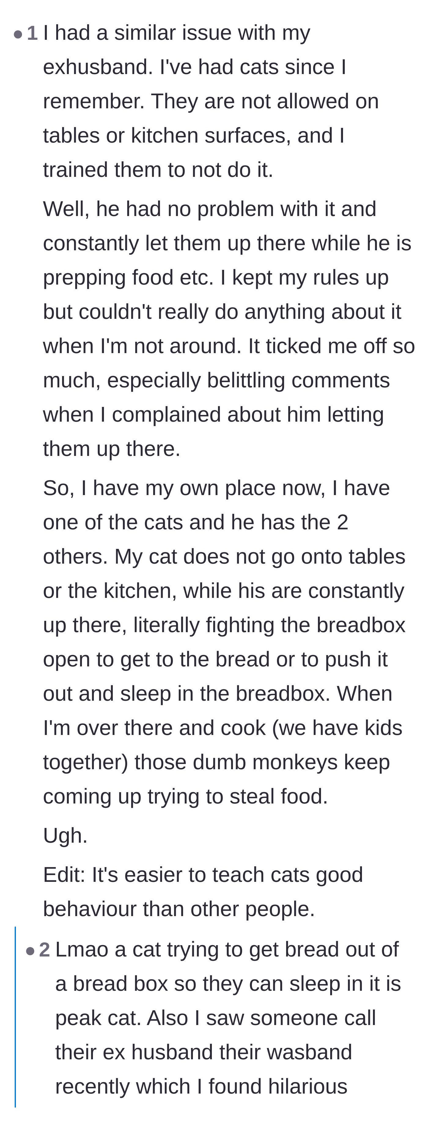 Comment thread 3 - A user sharing a story about leaving an ex-husband who let cats on the counters, resulting in his cats now sleeping inside his breadbox.
