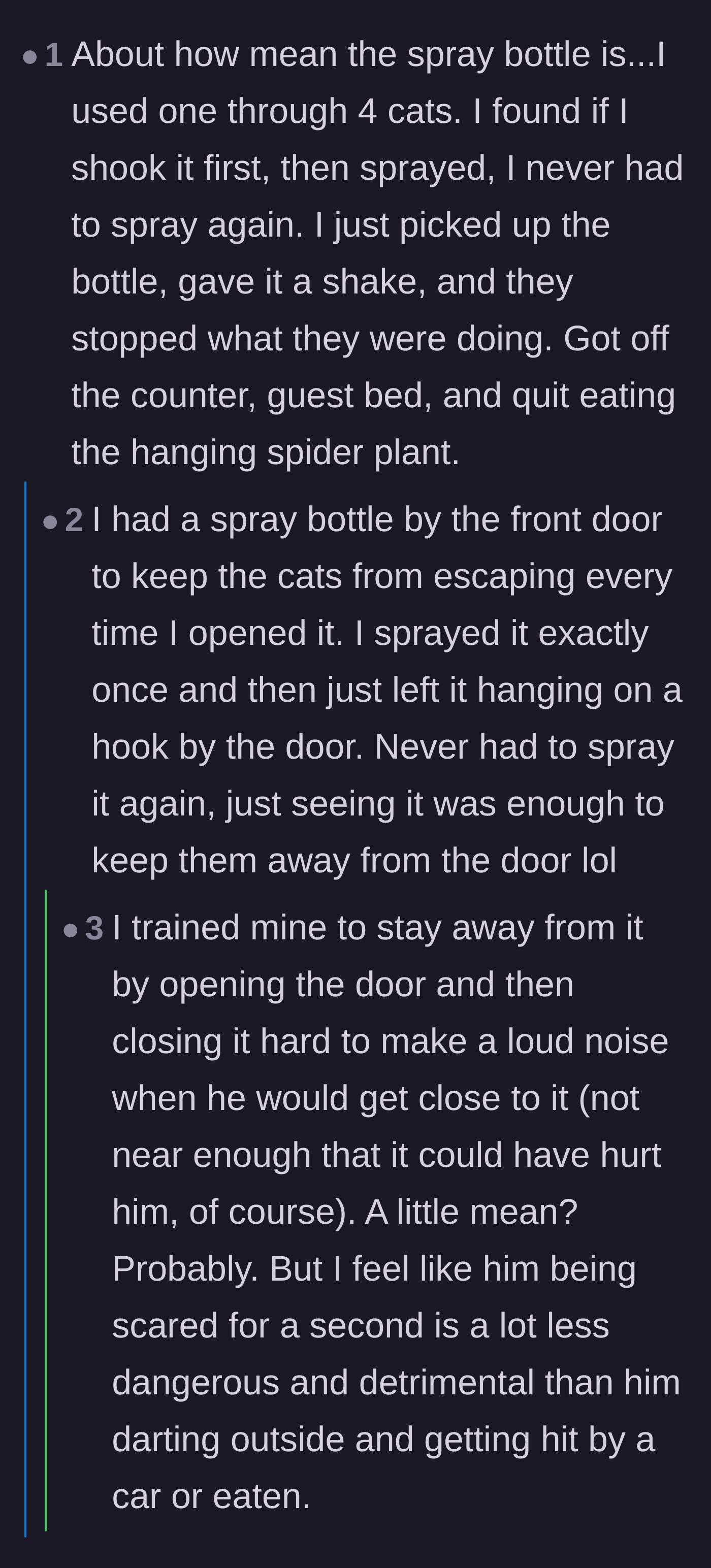 Comment thread 4 - Commenters defending the use of water spray bottles as a harmless, highly effective psychological deterrent for bad cat behavior.
