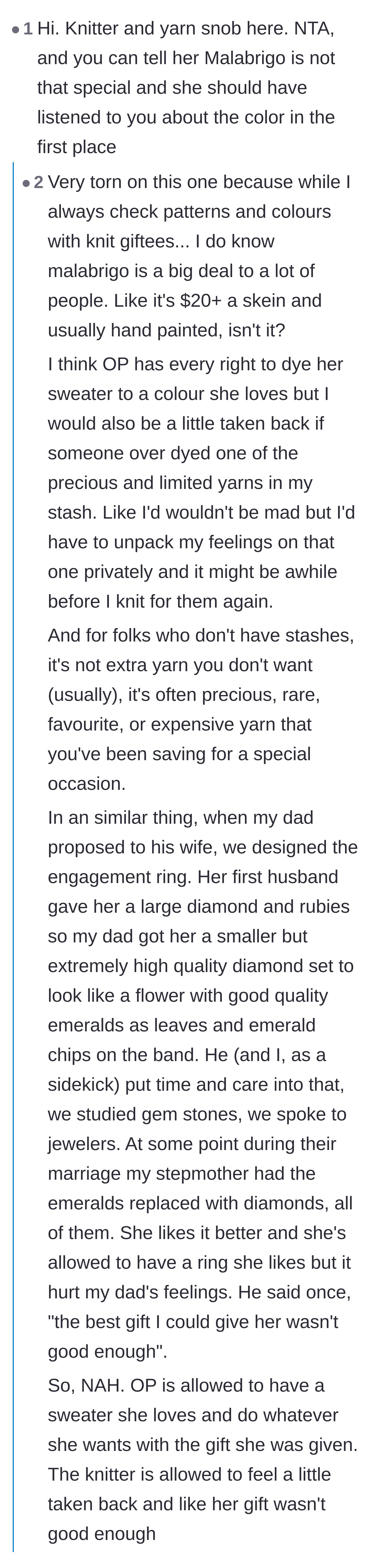 Comment thread 1 - A debate among yarn snobs about the value of Malabrigo yarn versus giving a gift the recipient actually wants.