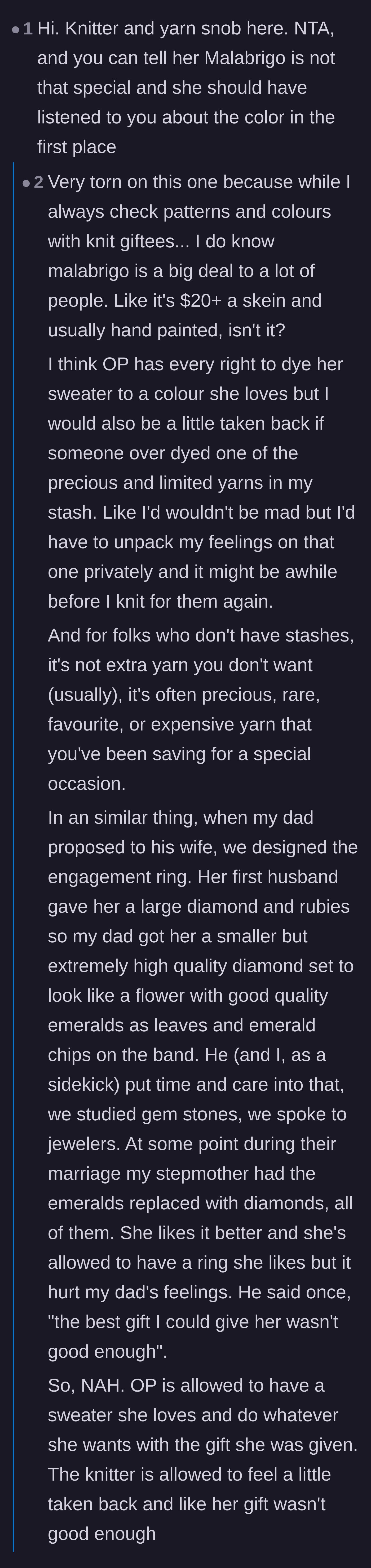 Comment thread 1 - A debate among yarn snobs about the value of Malabrigo yarn versus giving a gift the recipient actually wants.