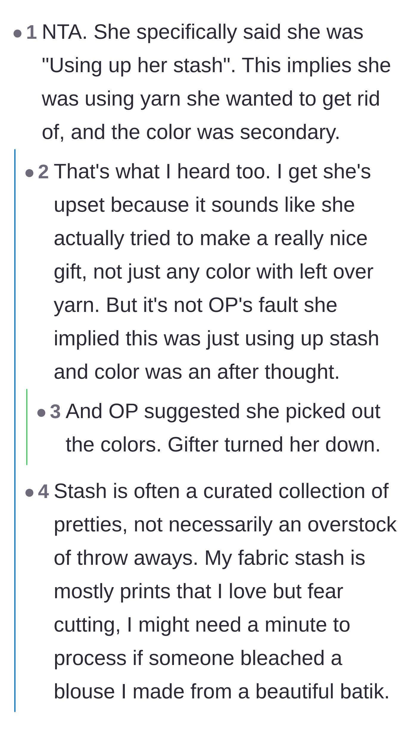 Comment thread 2 - Readers discussing how the sister-in-law's excuse of using up her stash undermines her outrage over the dye job.