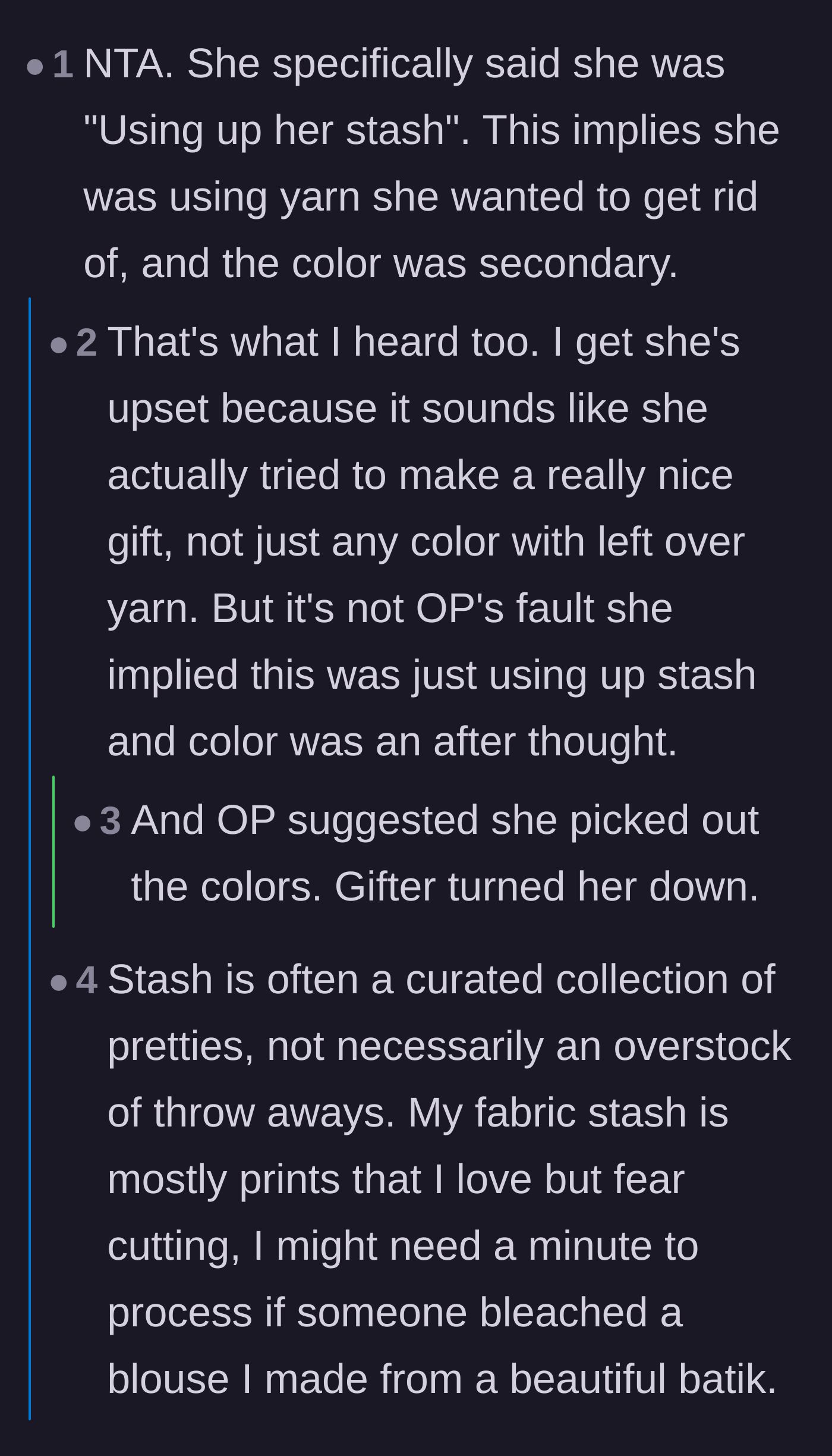 Comment thread 2 - Readers discussing how the sister-in-law's excuse of using up her stash undermines her outrage over the dye job.
