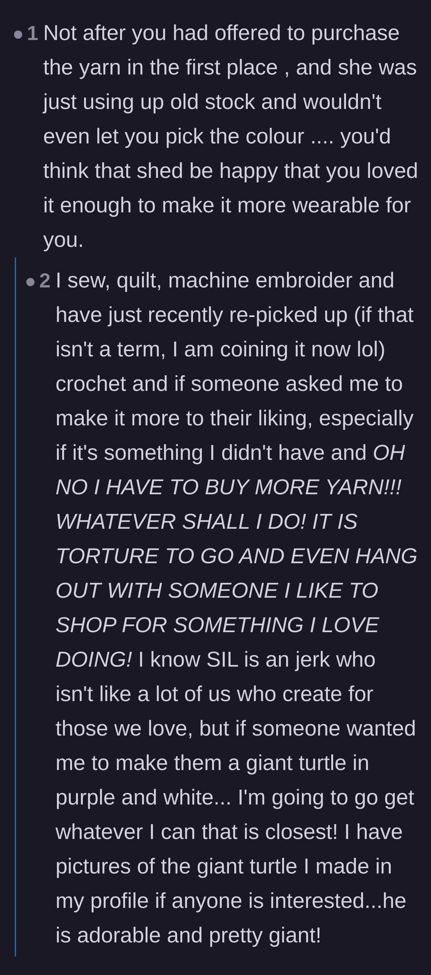 Comment thread 5 - A discussion pointing out that the main character literally offered to buy the yarn herself and was turned down.
