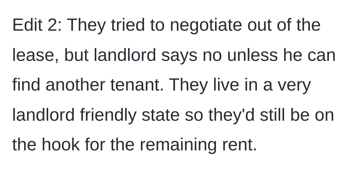 Story part 4 - The couple tried to break their expensive lease, but their landlord firmly refused to let them out.