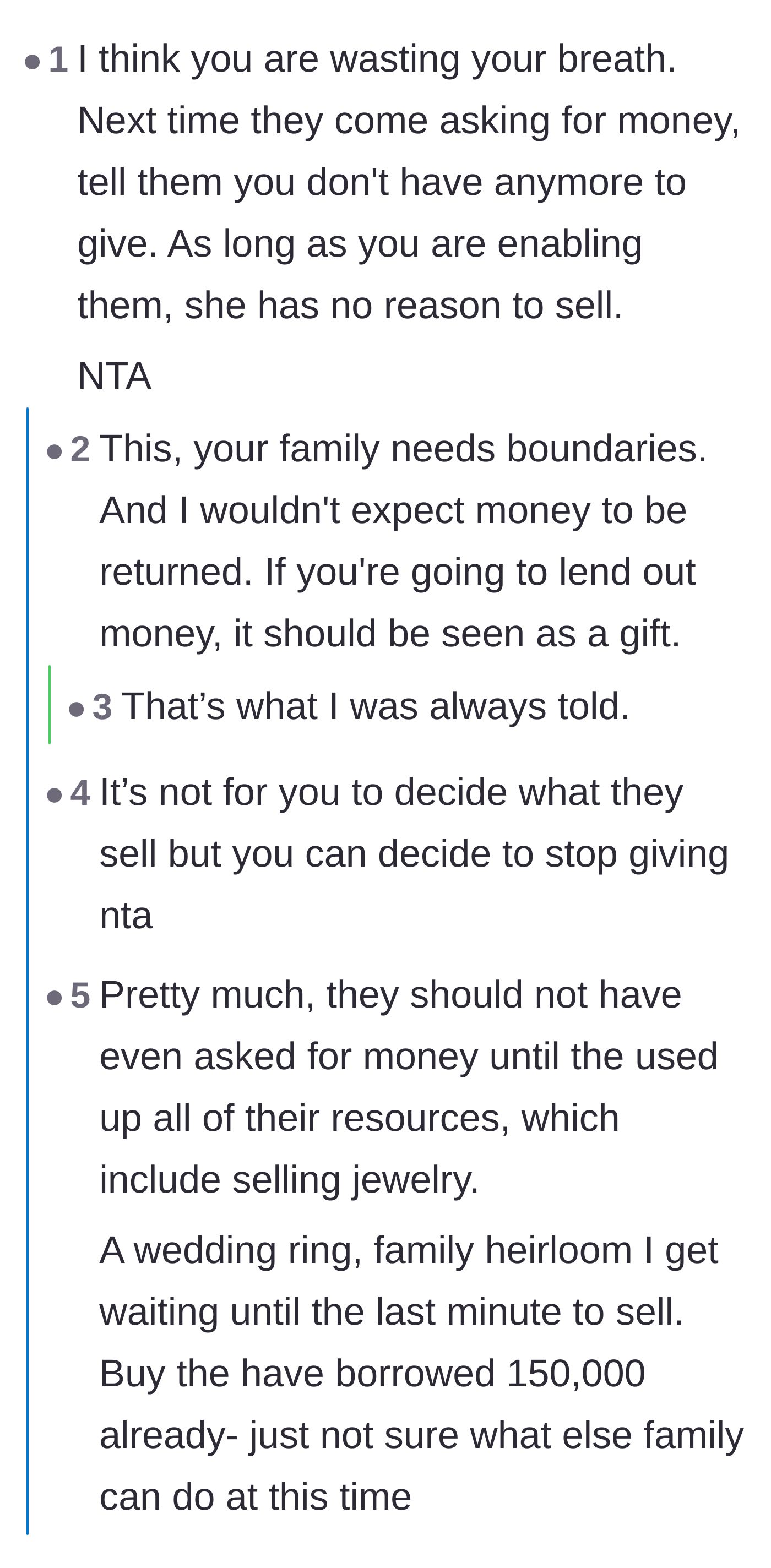 Comment thread 1 - Debate on setting financial boundaries and treating family loans as unrecoverable gifts