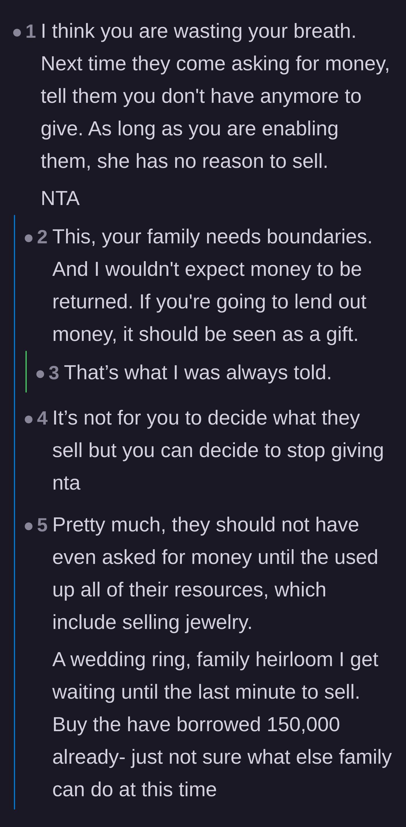 Comment thread 1 - Debate on setting financial boundaries and treating family loans as unrecoverable gifts