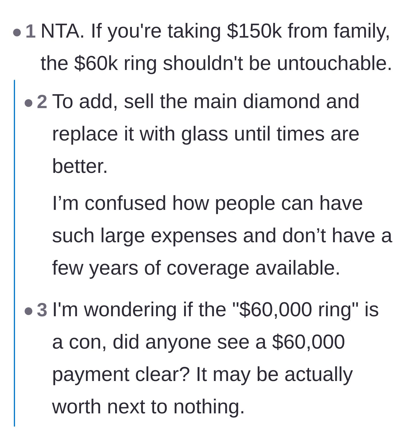 Comment thread 2 - Discussion on the audacity of keeping a $60k ring and an $8,500 lease while taking family handouts