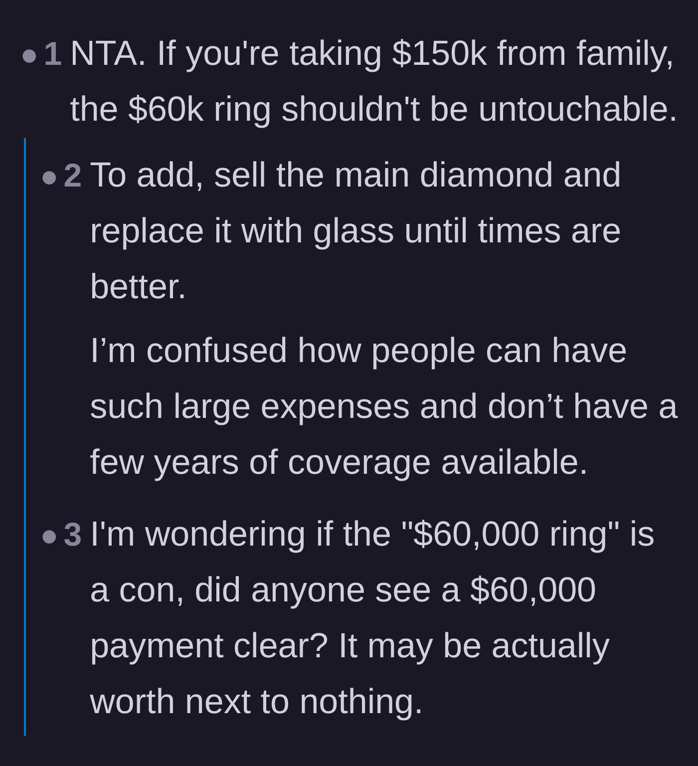 Comment thread 2 - Discussion on the audacity of keeping a $60k ring and an $8,500 lease while taking family handouts