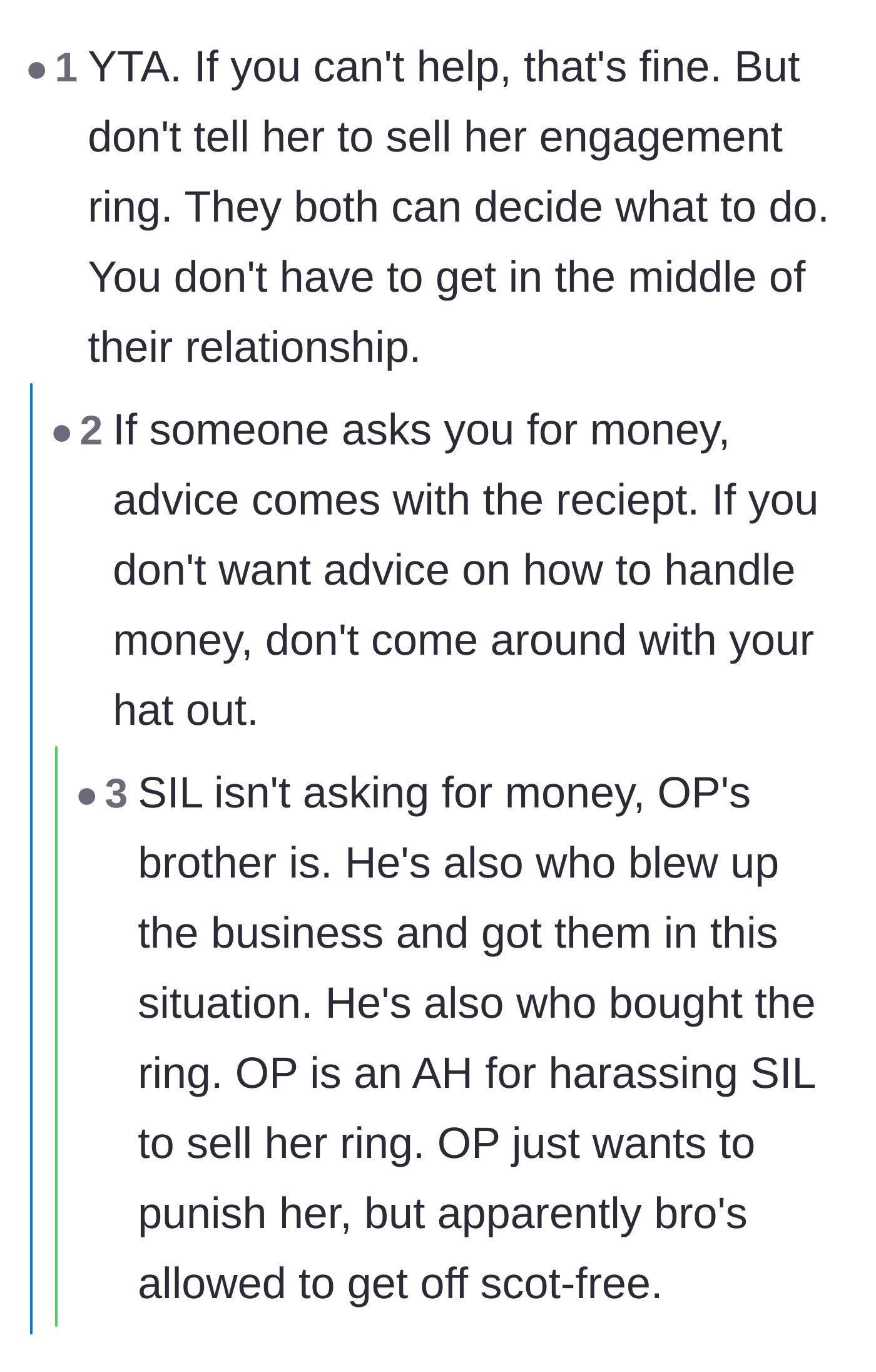 Comment thread 5 - Criticism for pressuring the sister-in-law to sell her ring instead of holding the brother accountable for the failed business