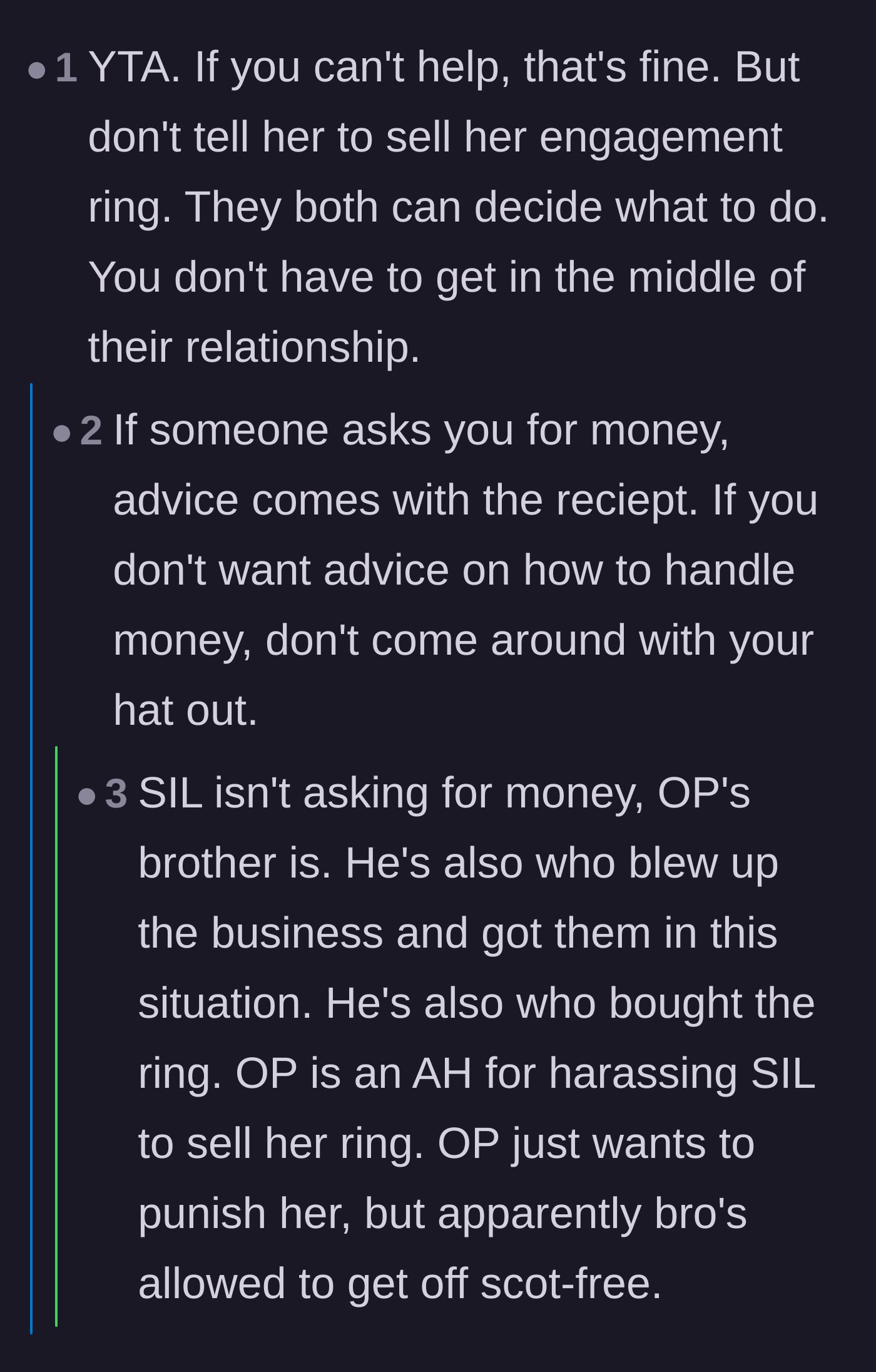 Comment thread 5 - Criticism for pressuring the sister-in-law to sell her ring instead of holding the brother accountable for the failed business