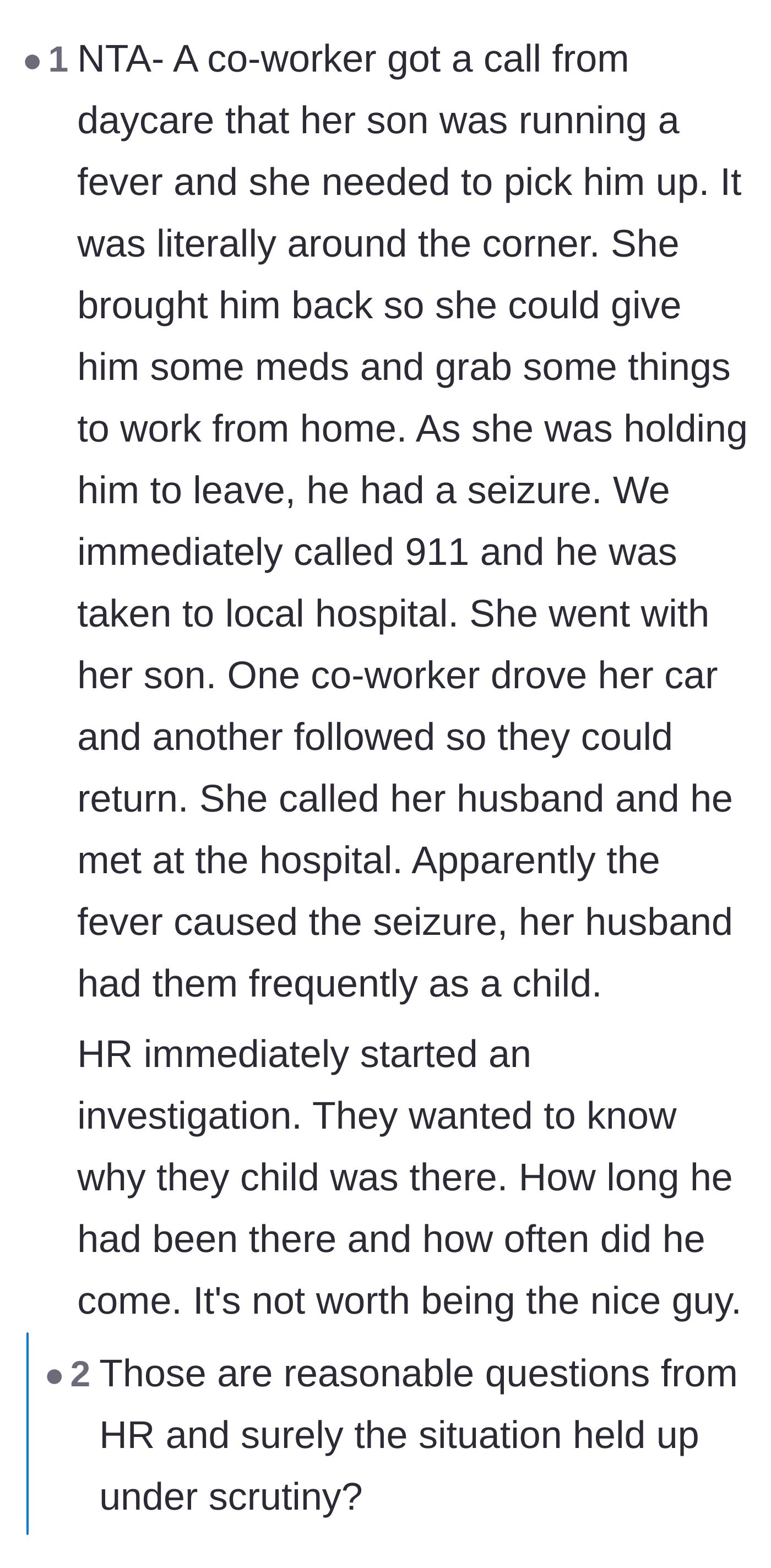 Comment thread 1 - Discussion on how a child's medical emergency at work triggers massive HR and liability investigations