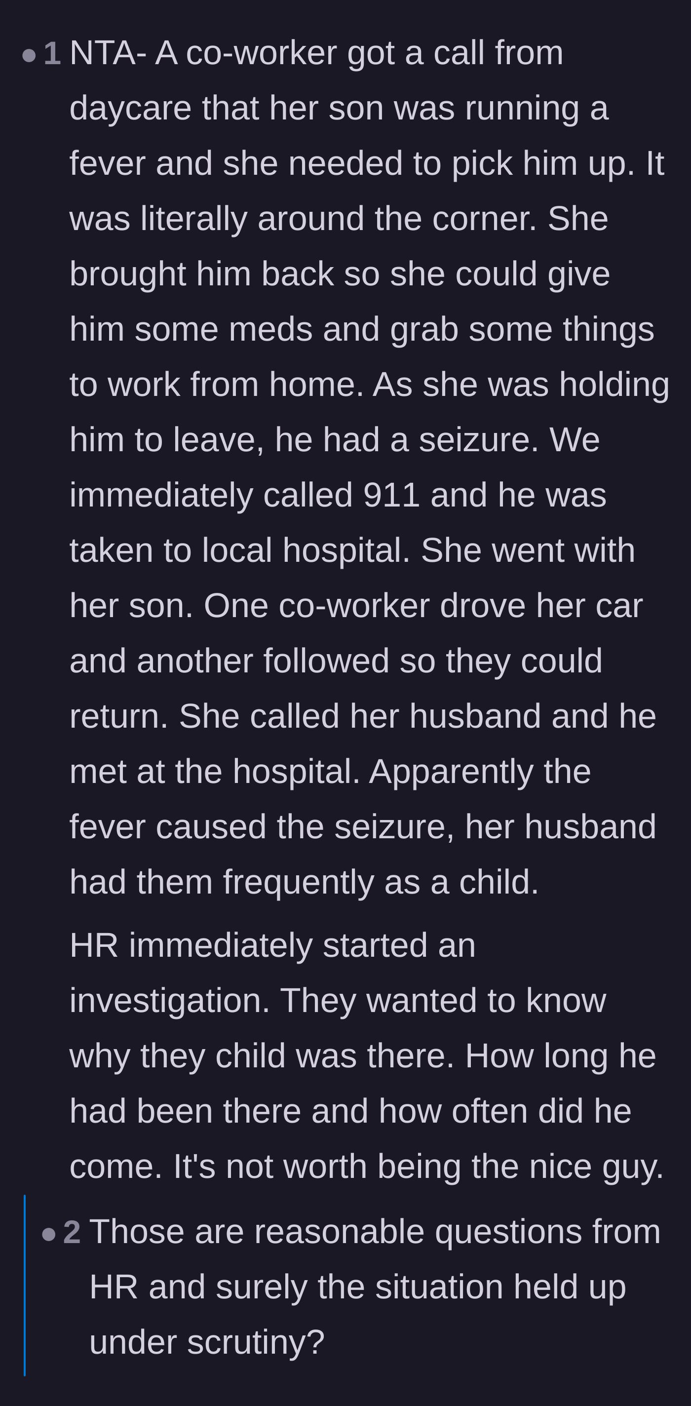 Comment thread 1 - Discussion on how a child's medical emergency at work triggers massive HR and liability investigations