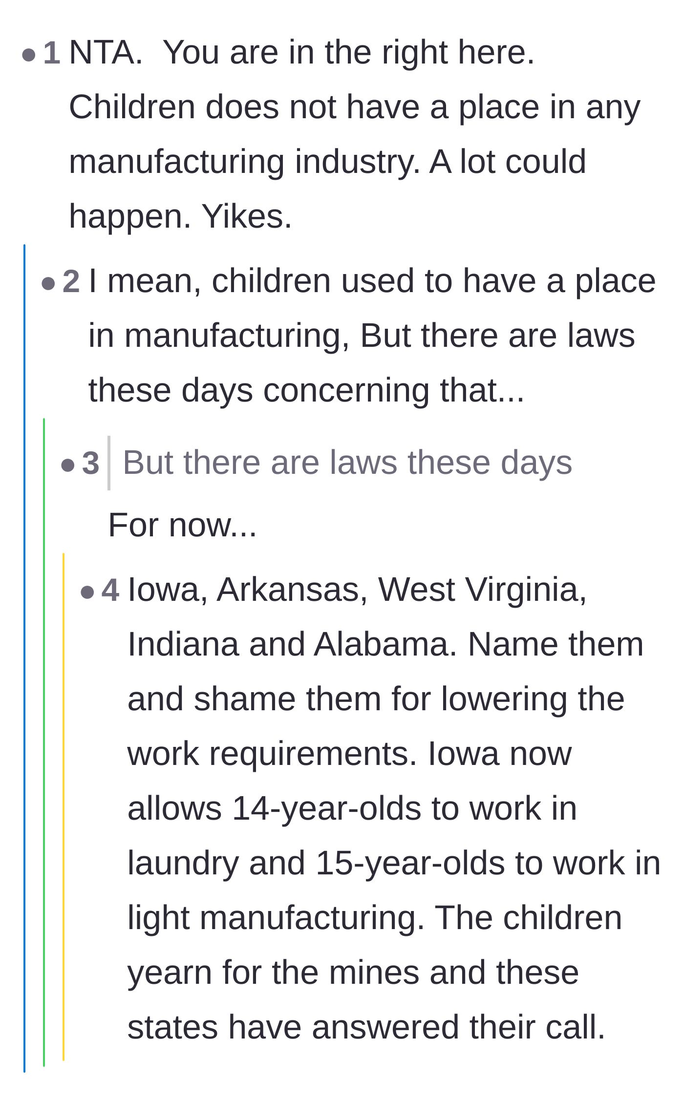 Comment thread 2 - Dark humor regarding child safety in manufacturing and recent rollbacks of child labor laws