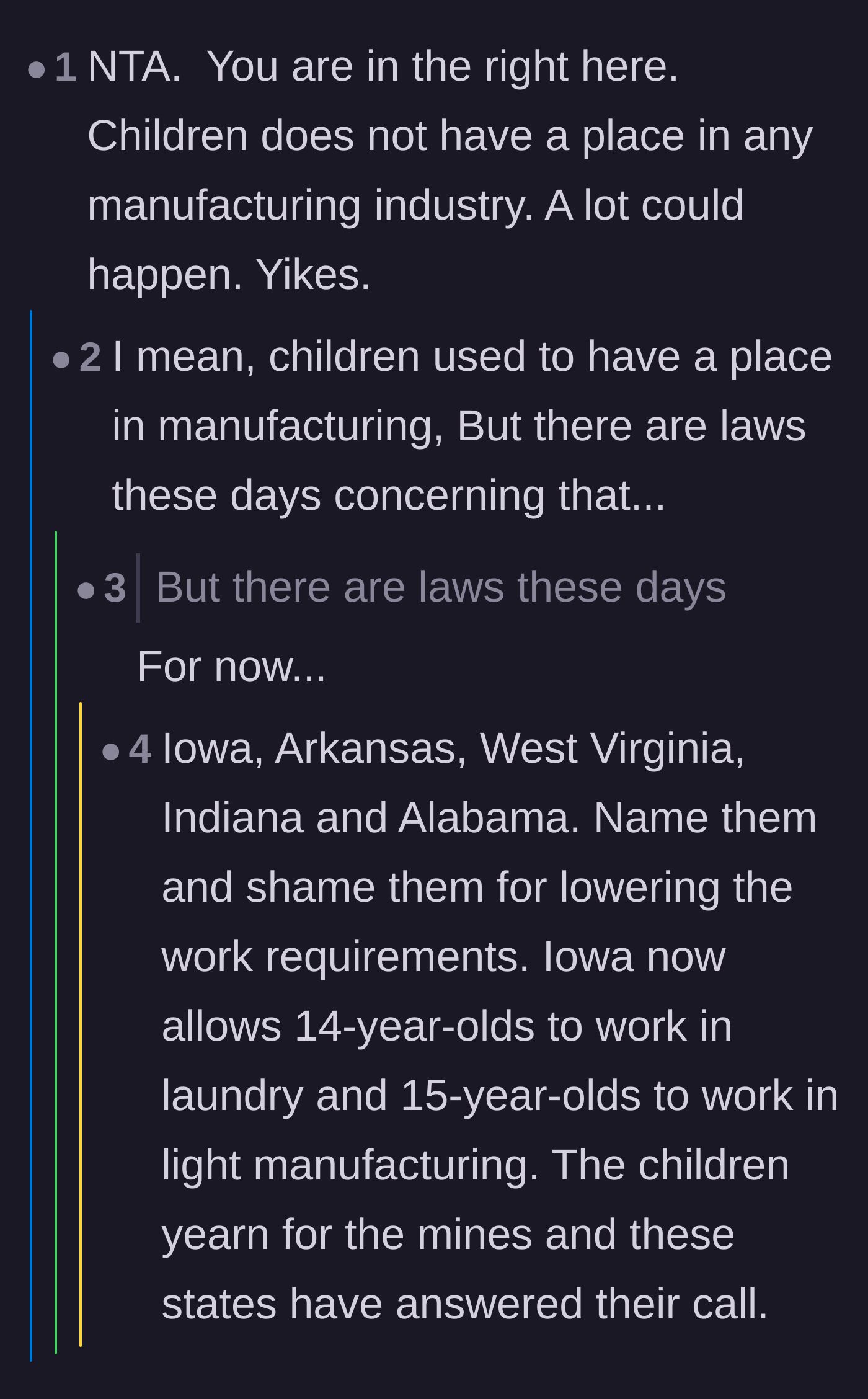 Comment thread 2 - Dark humor regarding child safety in manufacturing and recent rollbacks of child labor laws