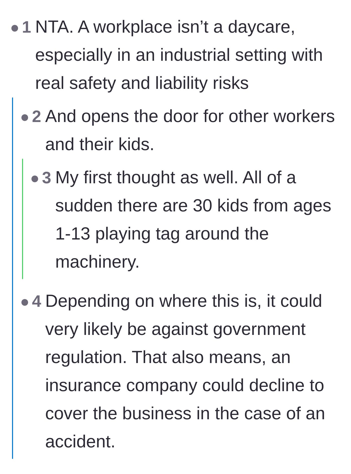 Comment thread 3 - Debate about how allowing one child sets a dangerous precedent for all other employees