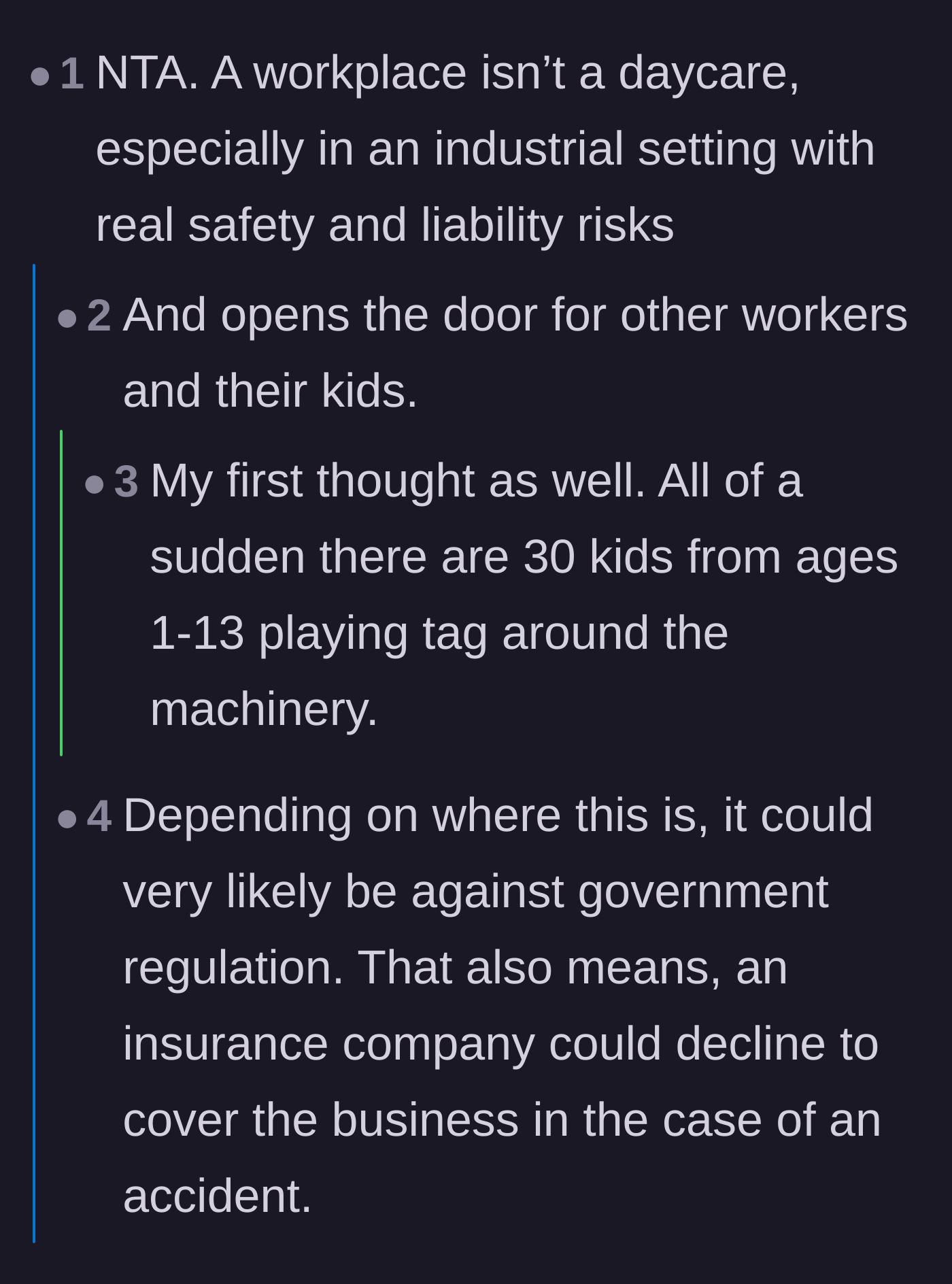 Comment thread 3 - Debate about how allowing one child sets a dangerous precedent for all other employees