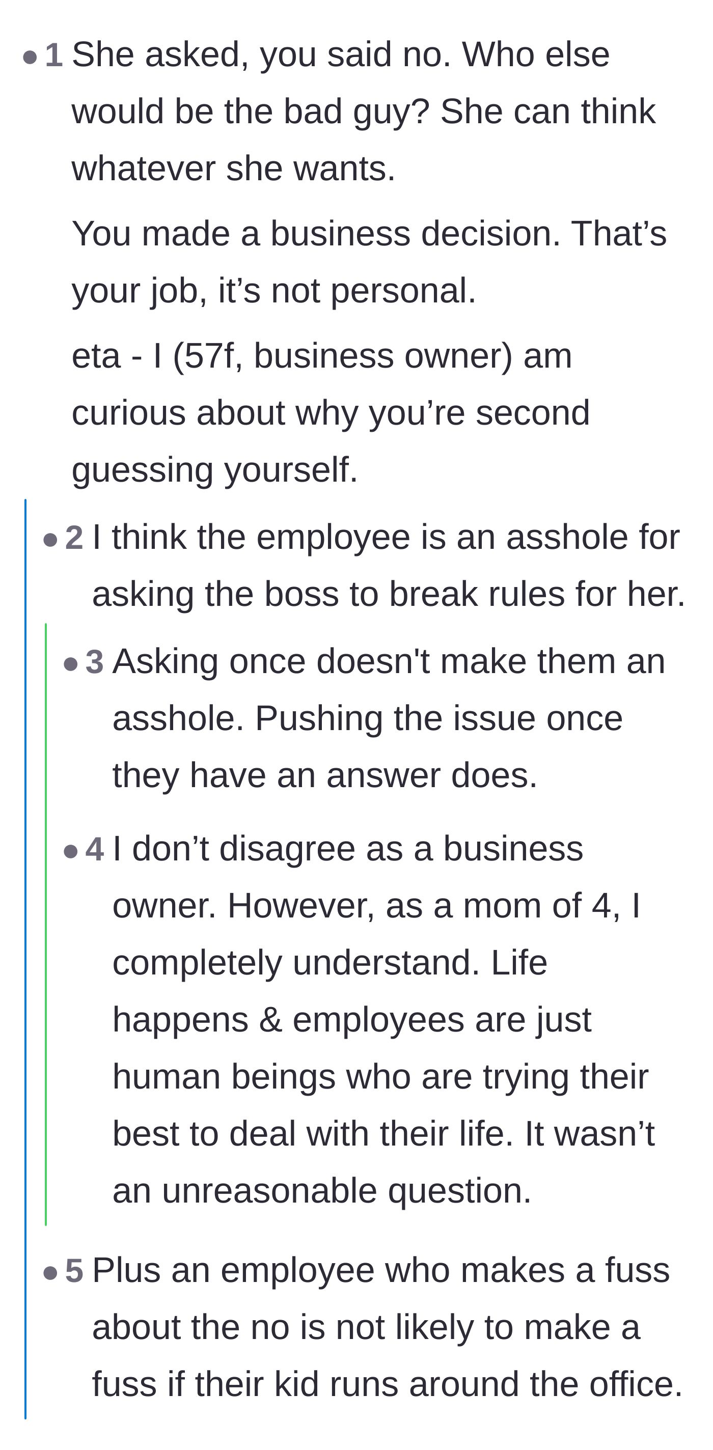 Comment thread 5 - Discussion on whether the employee was out of line for simply asking, and why management shouldn't feel guilty
