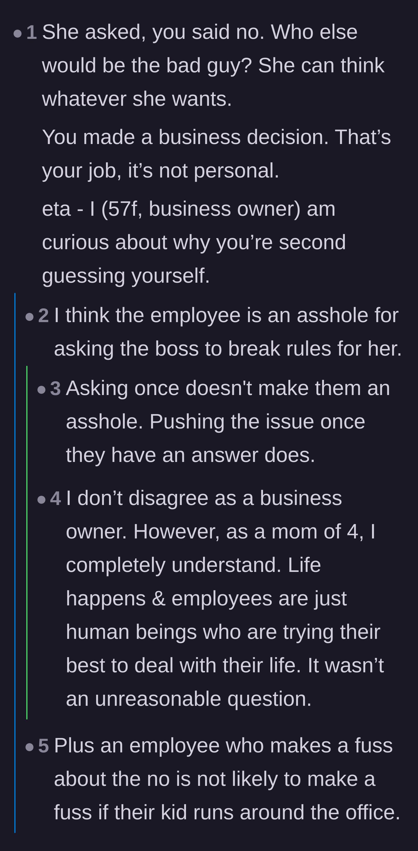 Comment thread 5 - Discussion on whether the employee was out of line for simply asking, and why management shouldn't feel guilty