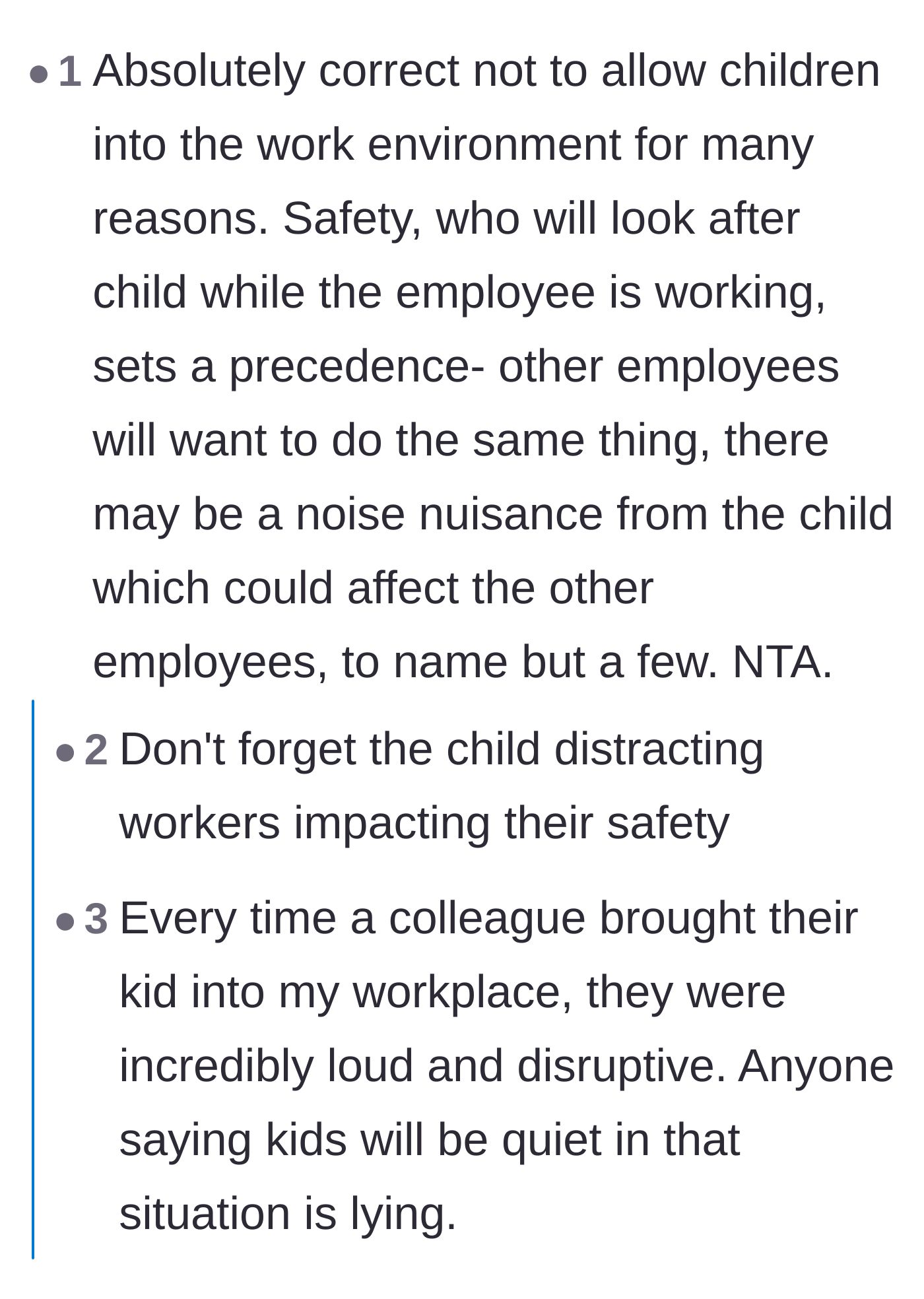 Comment thread 6 - Commentary on how disruptive and loud children are in professional environments, impacting overall safety