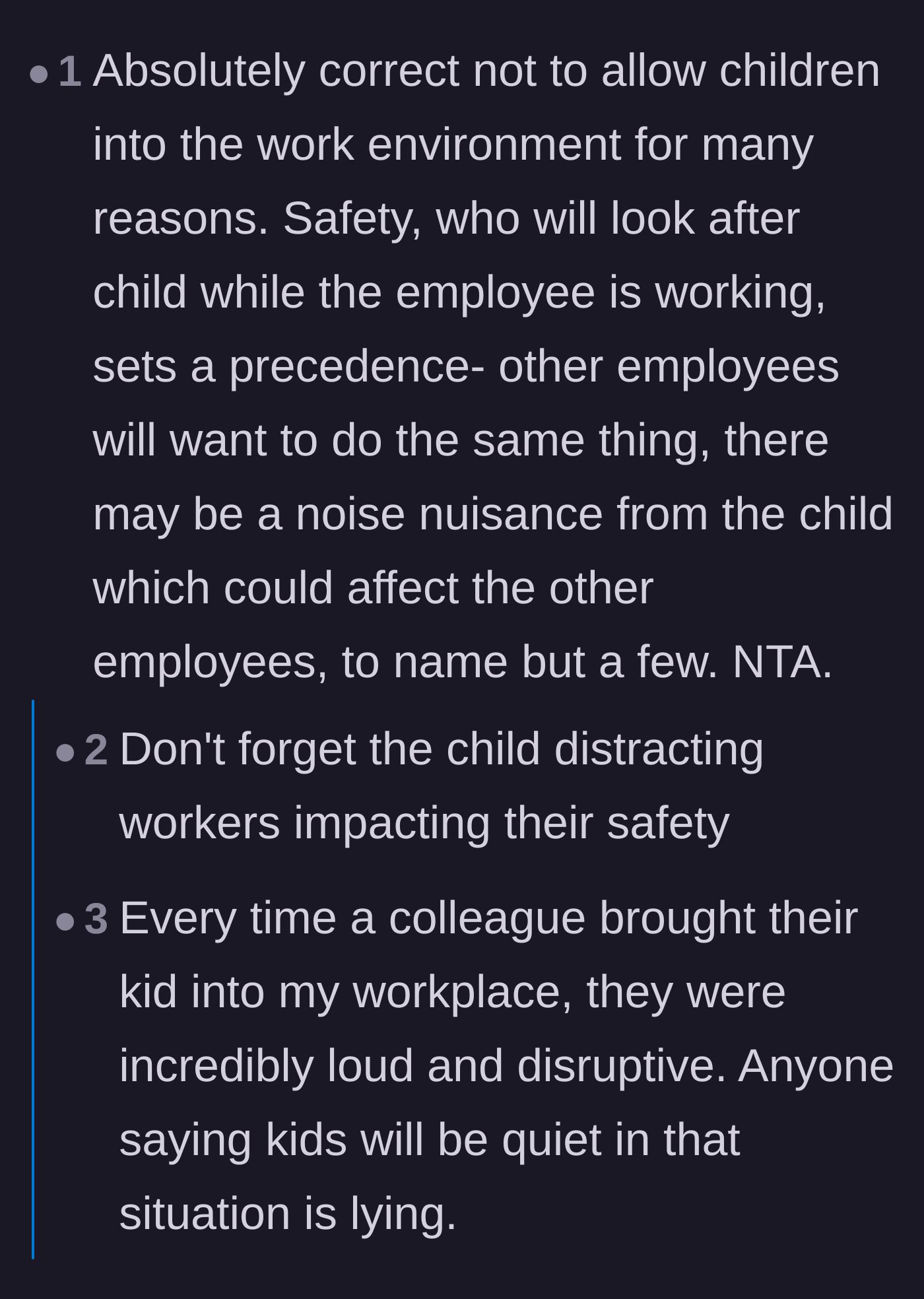 Comment thread 6 - Commentary on how disruptive and loud children are in professional environments, impacting overall safety