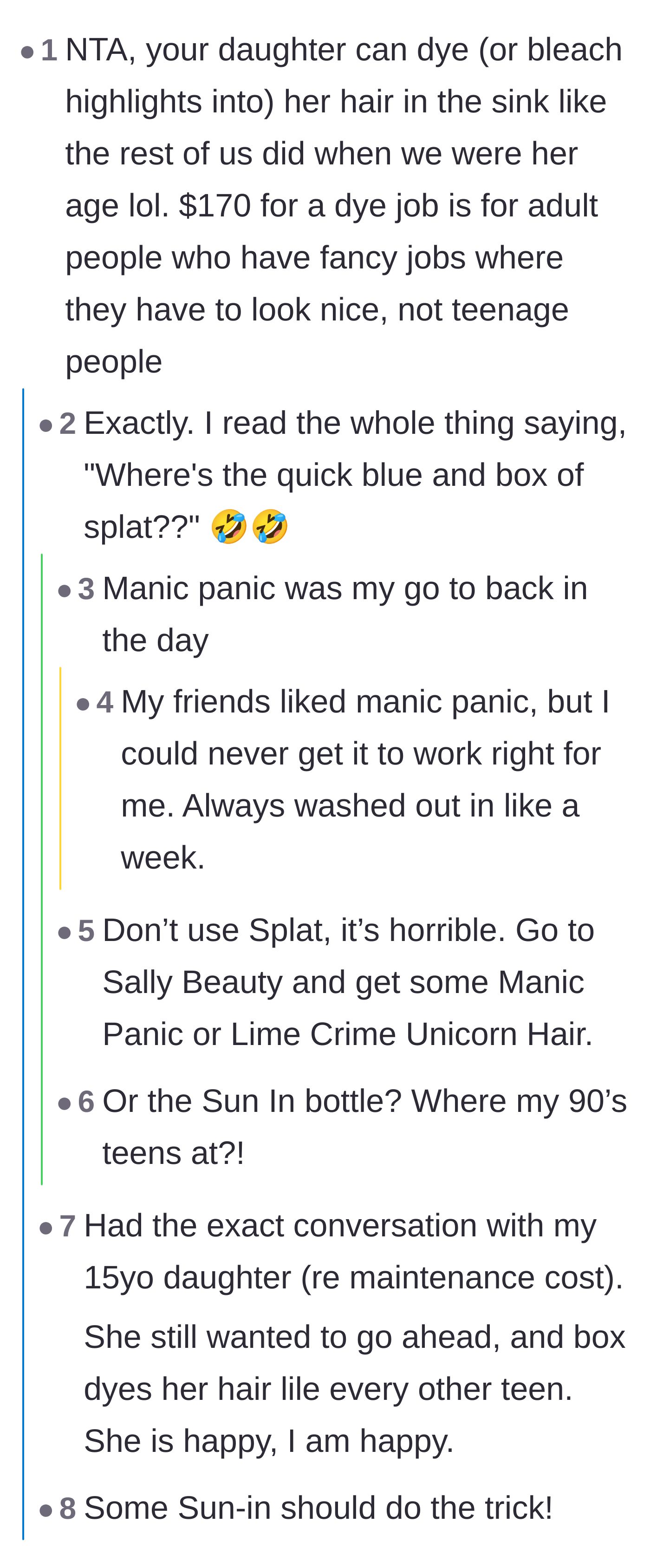 Comment thread 2 - Commenters nostalgically recall using cheap box dye in the bathroom sink instead of expecting $170 professional salon jobs.